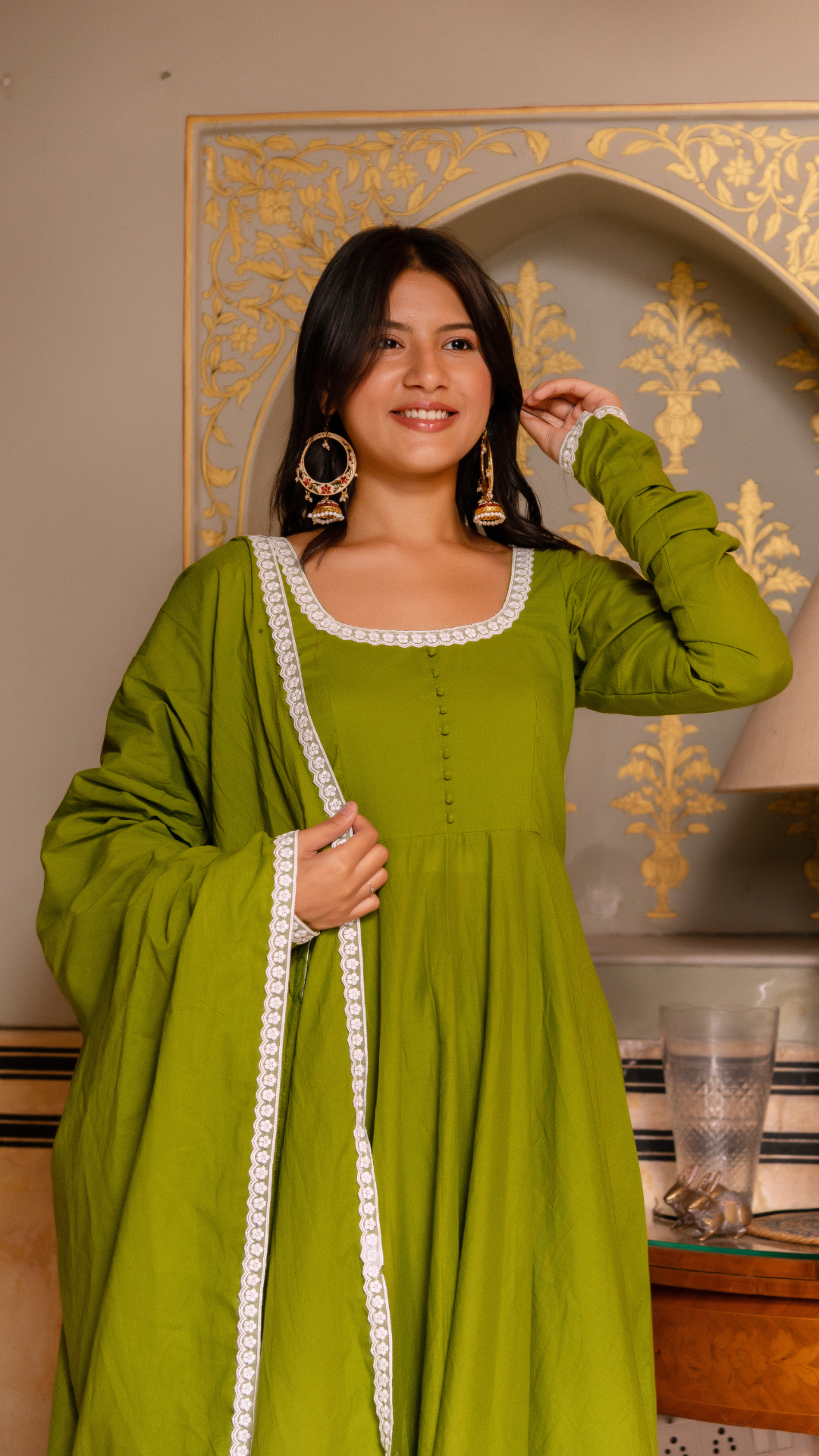 GAURANGI GREEN EMBORIDERY COTTON ANARKALI SET