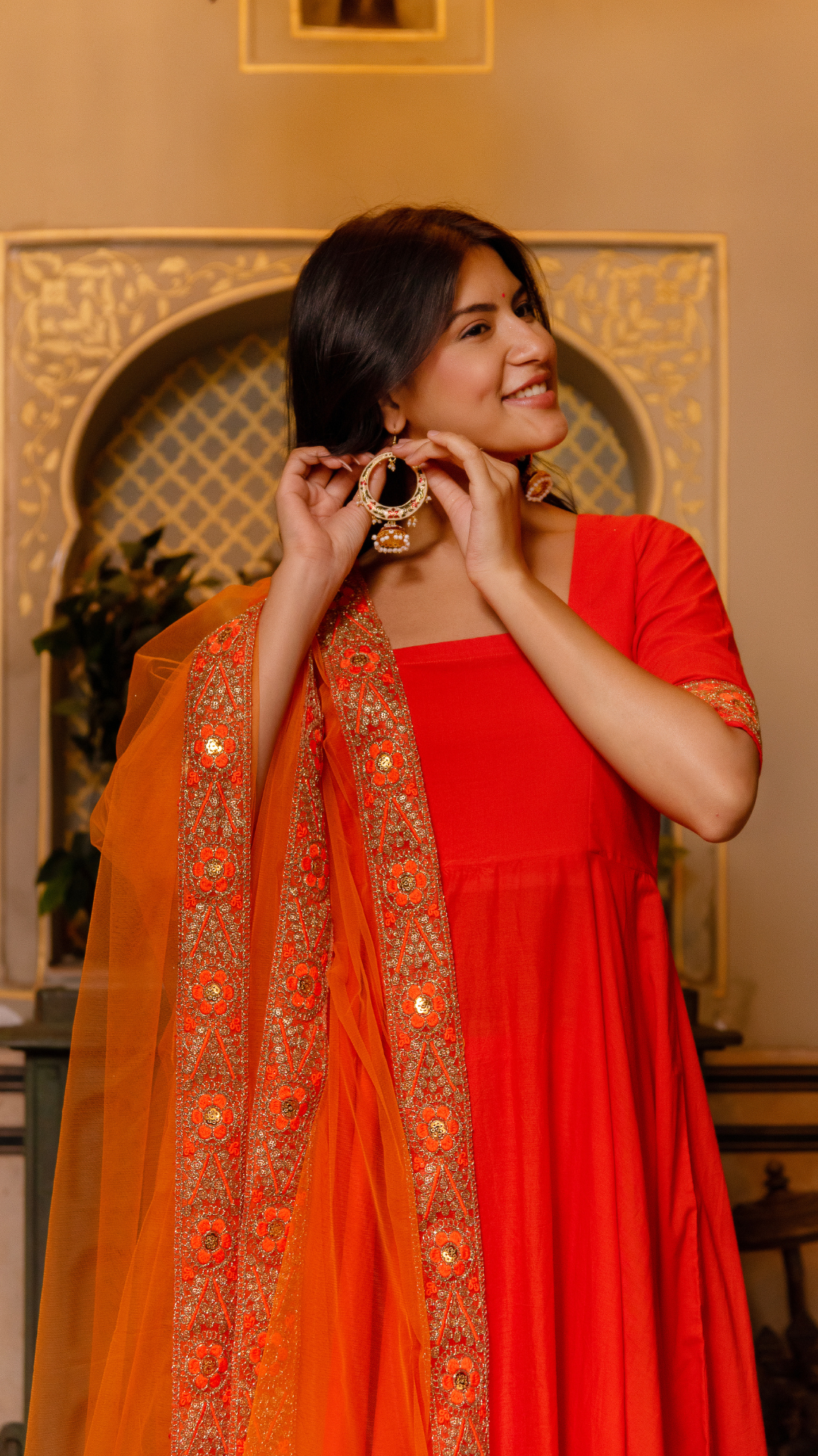 GAURANGI ORANGE GOTTA EMBORIDERY COTTON ANARKALI SET