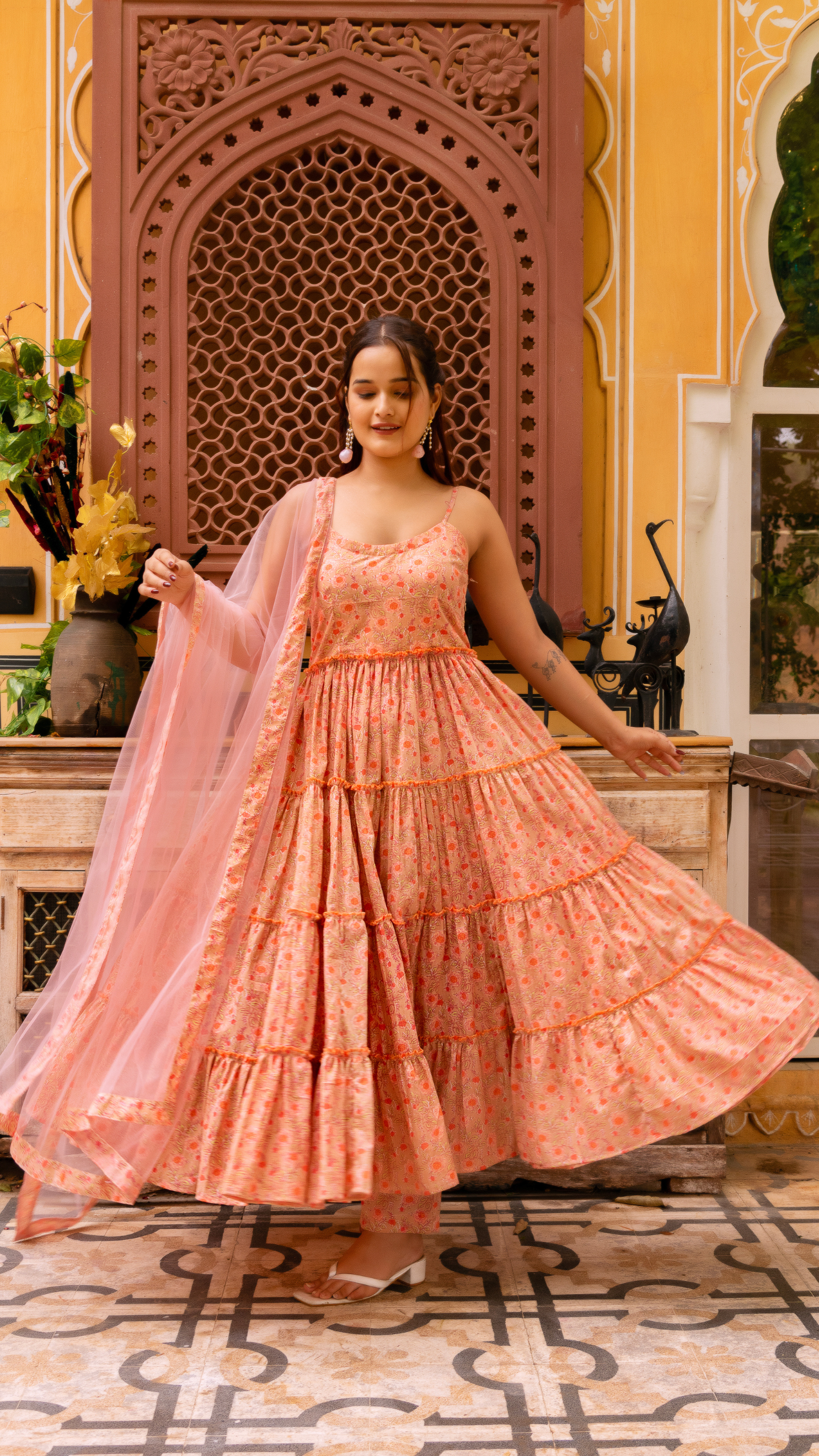 GAURANGI TRISHIKA PEACH COTTON TIERED ANARKALI SET