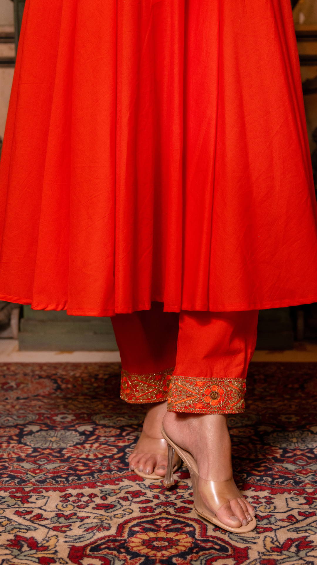 GAURANGI ORANGE GOTTA EMBORIDERY COTTON ANARKALI SET