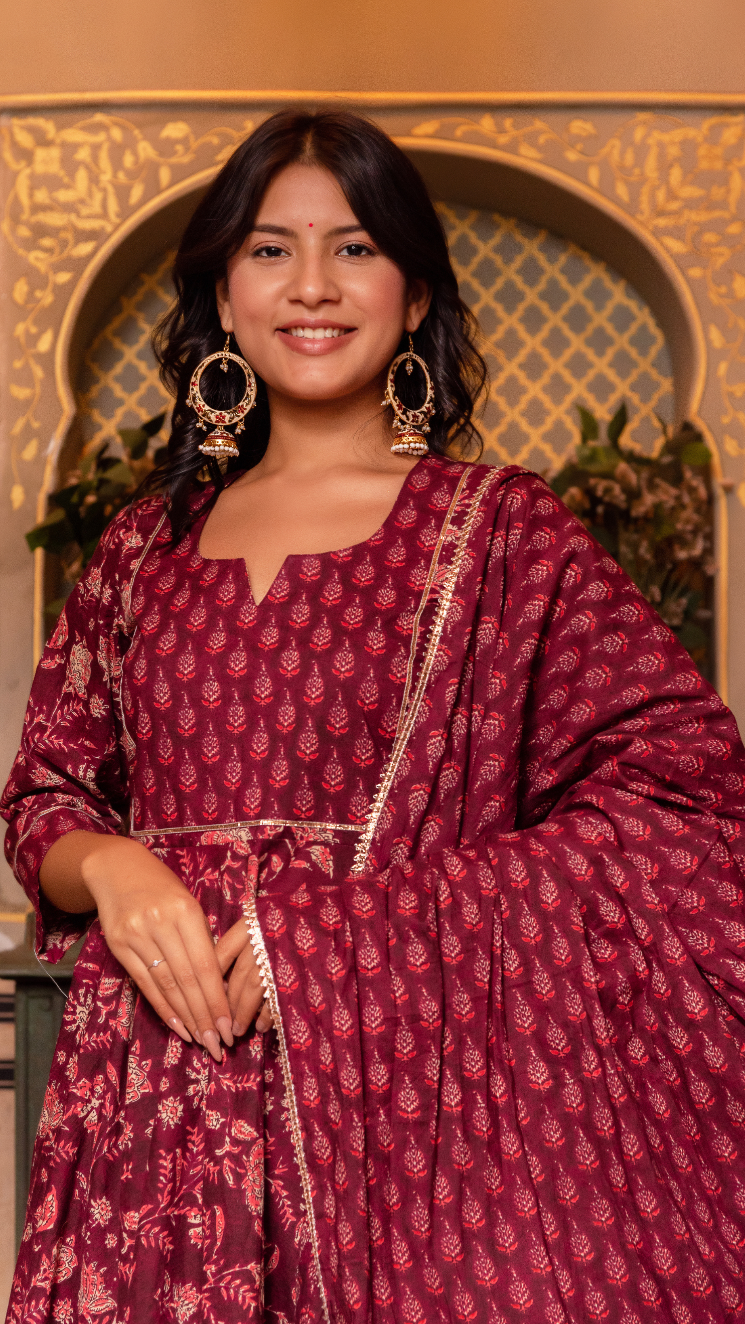 GAURANGI MAROON HAND BLOCK PRINT COTTON ANARKALI SET