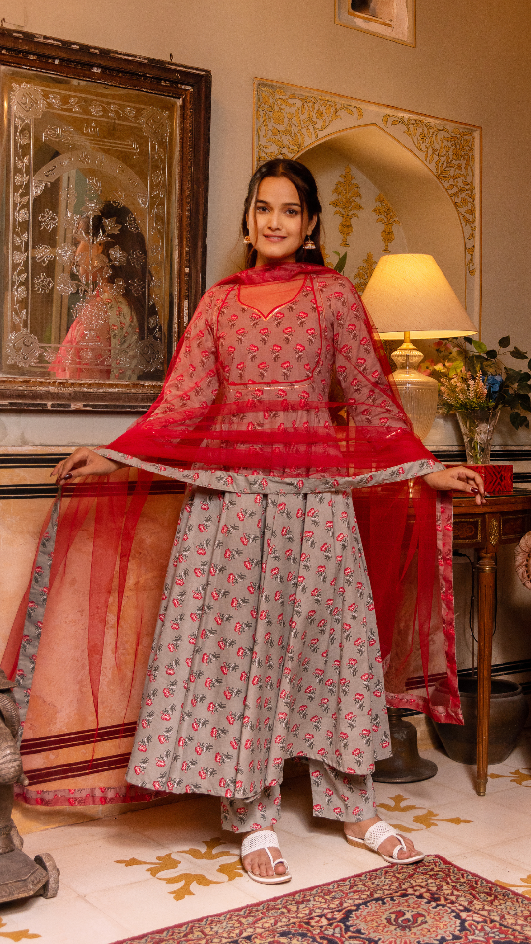 GAURANGI GREY PHOOL JAAL COTTON ANARKALI SET