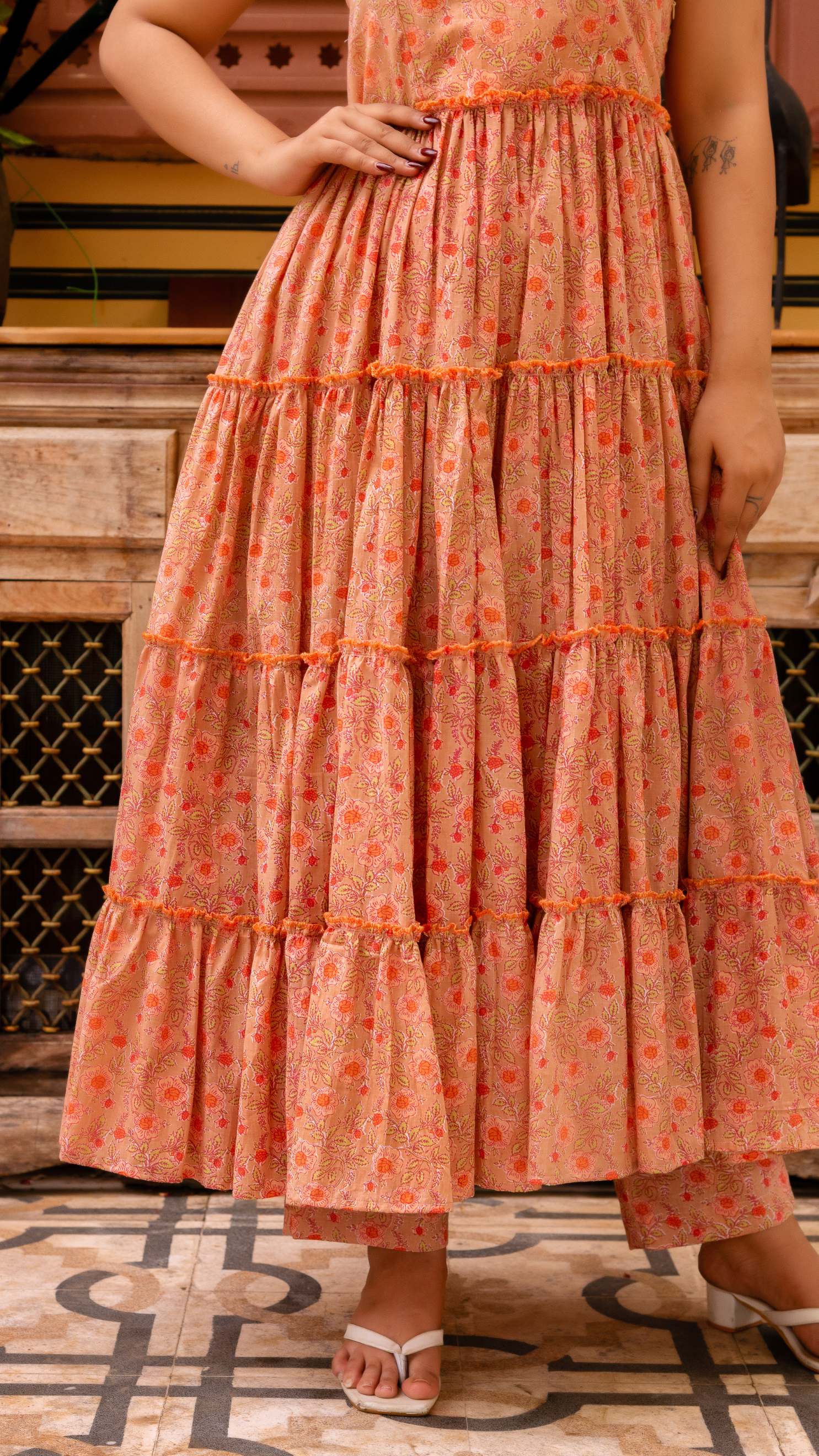 GAURANGI TRISHIKA PEACH COTTON TIERED ANARKALI SET