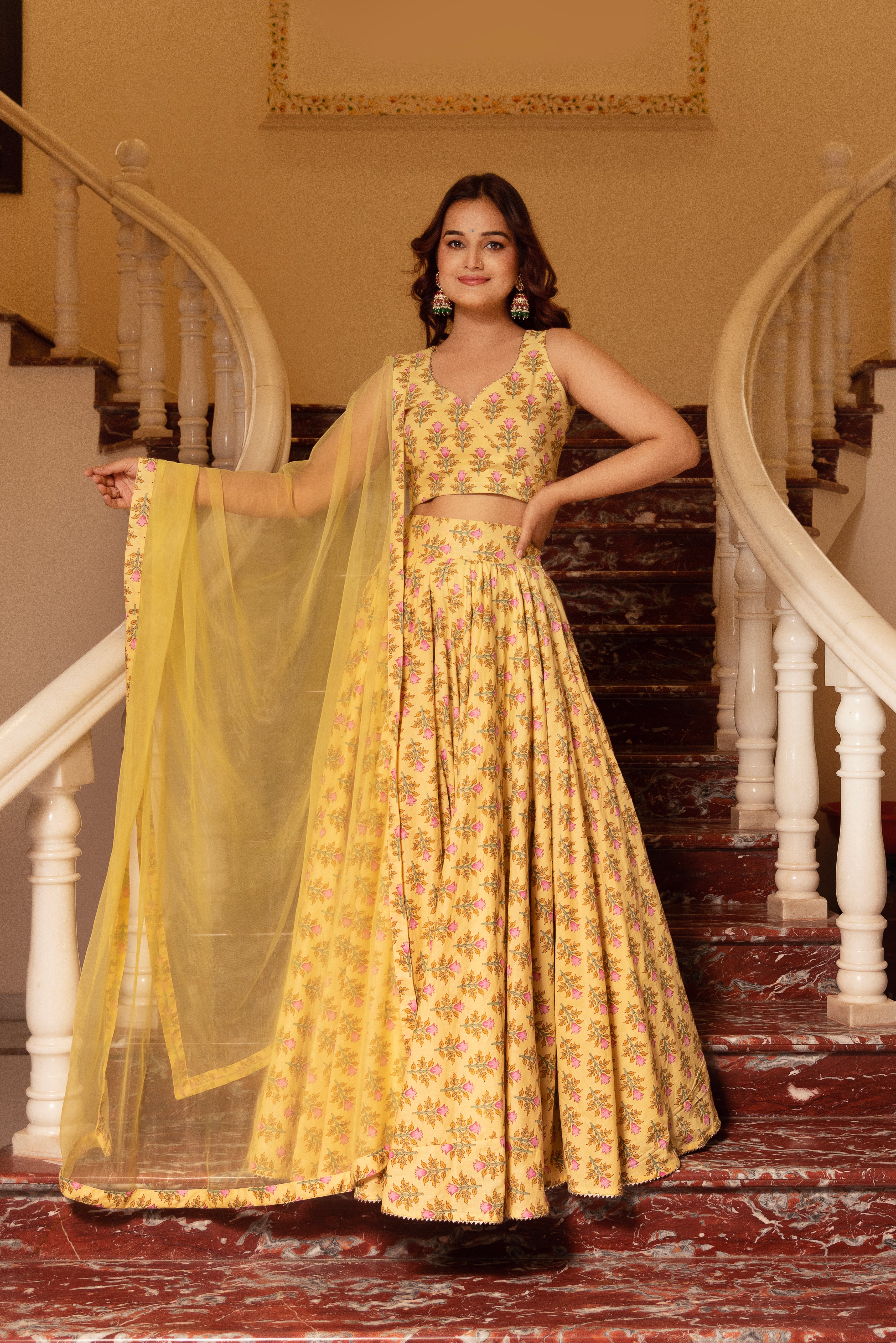 KAPAS LEMON YELLOW FLORAL LEHENGA SET