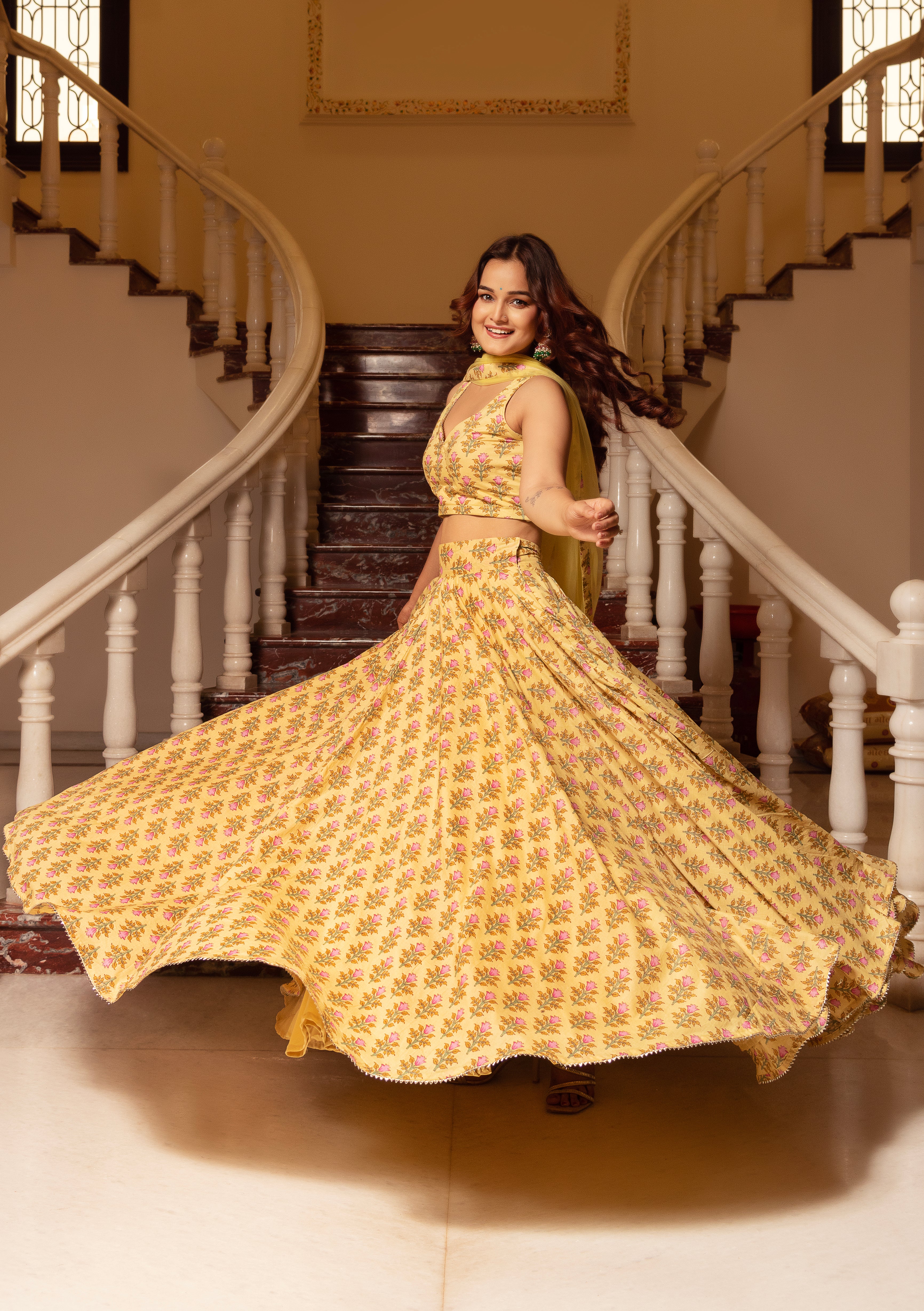 KAPAS LEMON YELLOW FLORAL LEHENGA SET