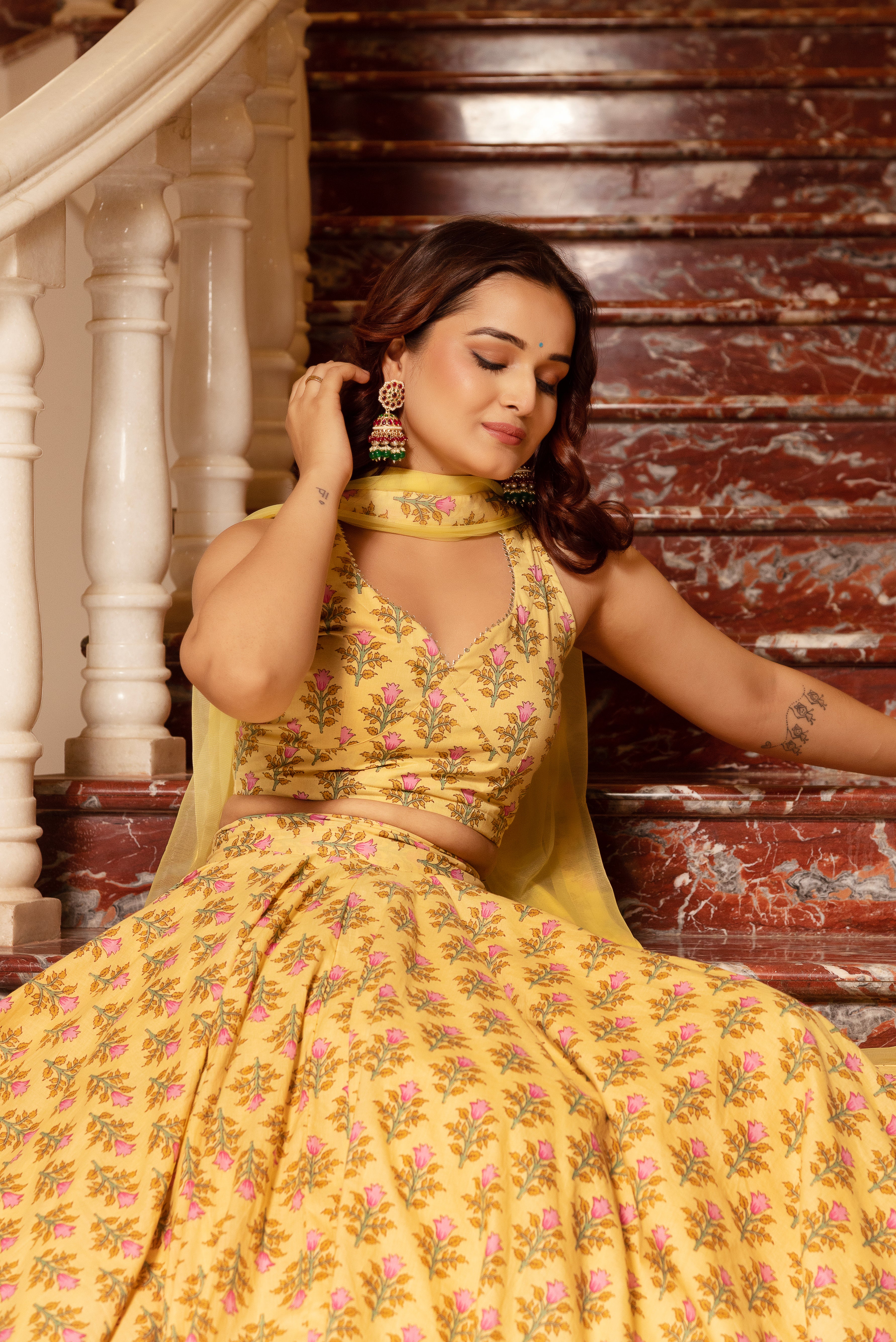 KAPAS LEMON YELLOW FLORAL LEHENGA SET