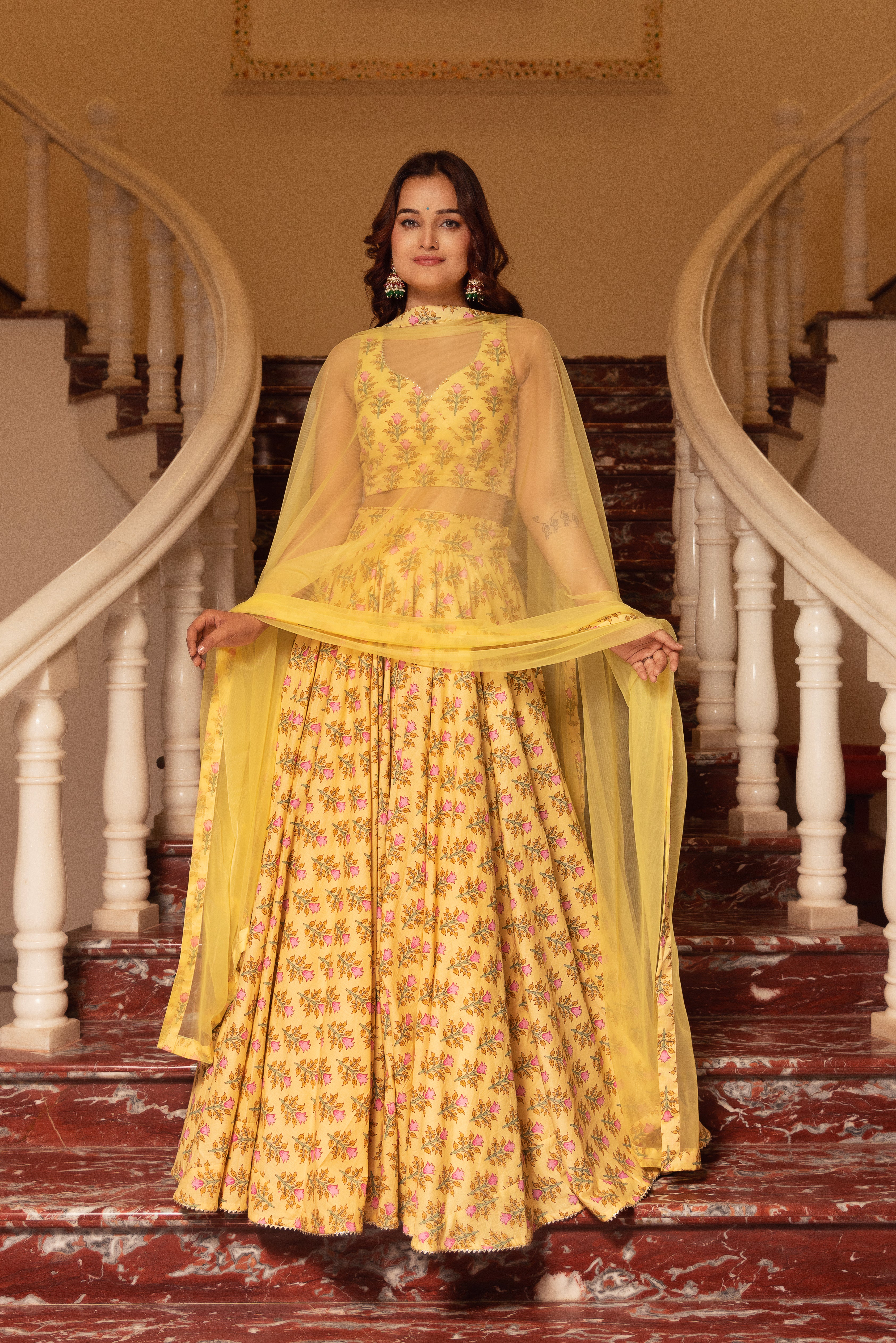 KAPAS LEMON YELLOW FLORAL LEHENGA SET