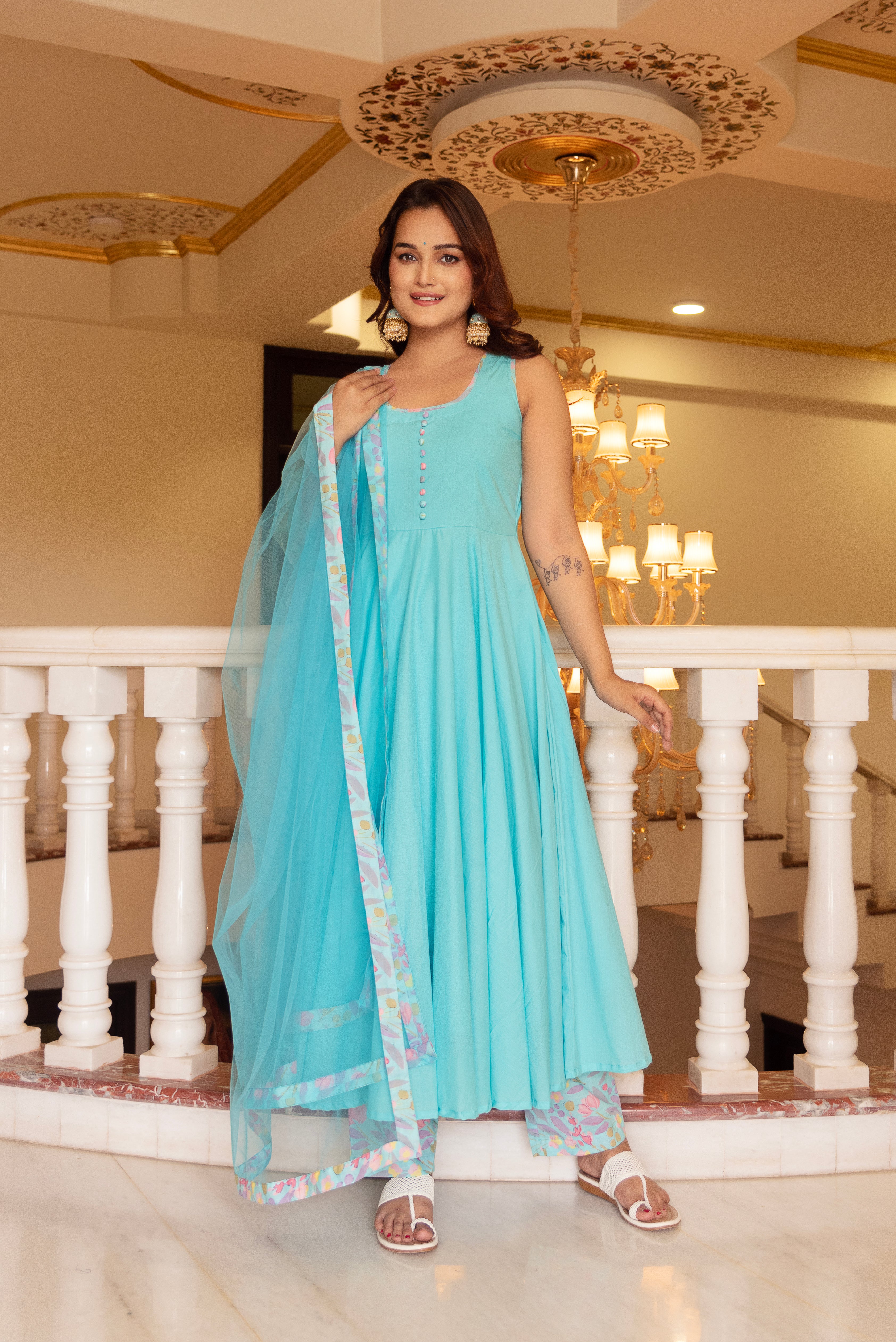 KAPAS PASTEL BLUE SLEEVELESS ANARKALI SET