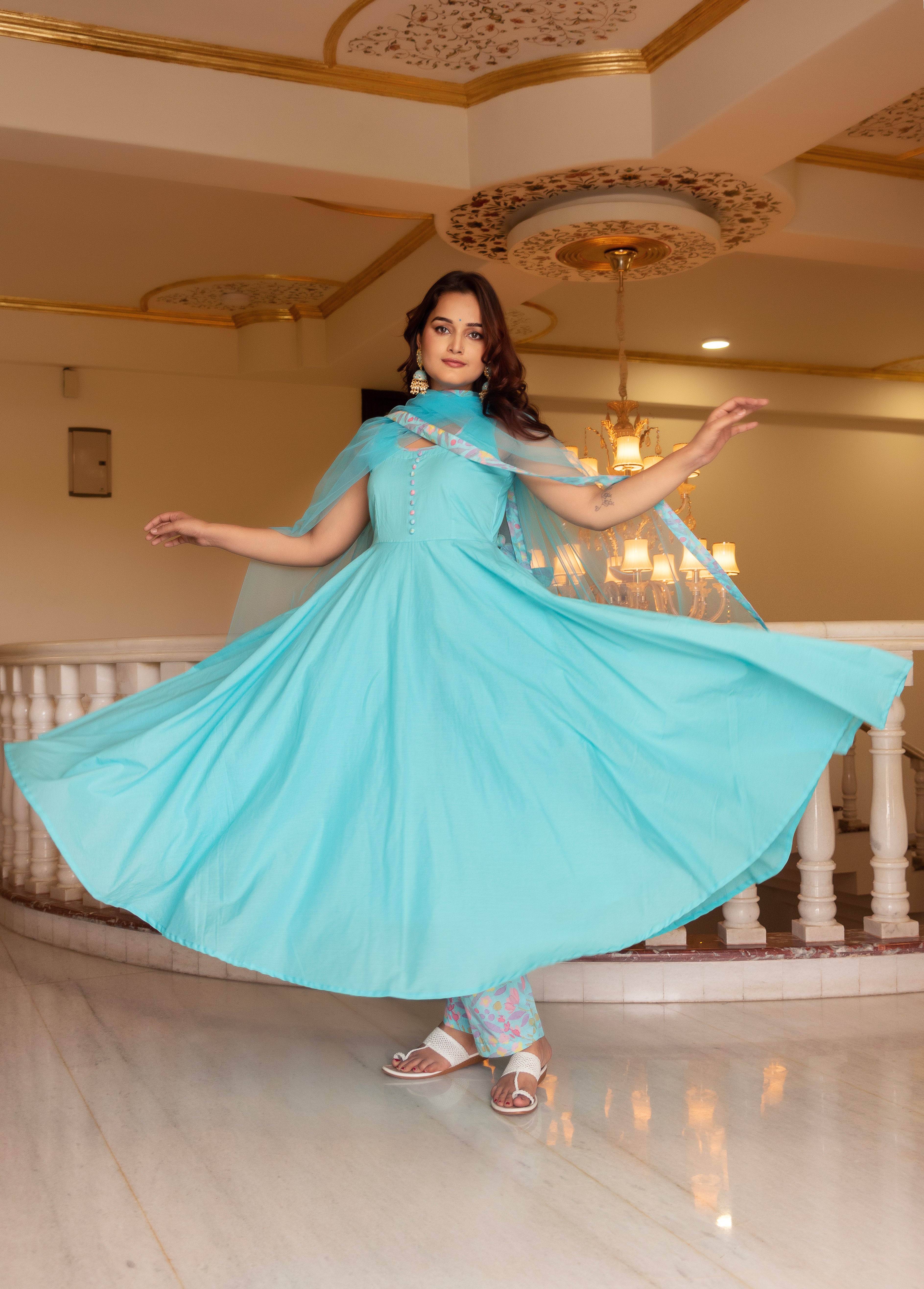 KAPAS PASTEL BLUE SLEEVELESS ANARKALI SET