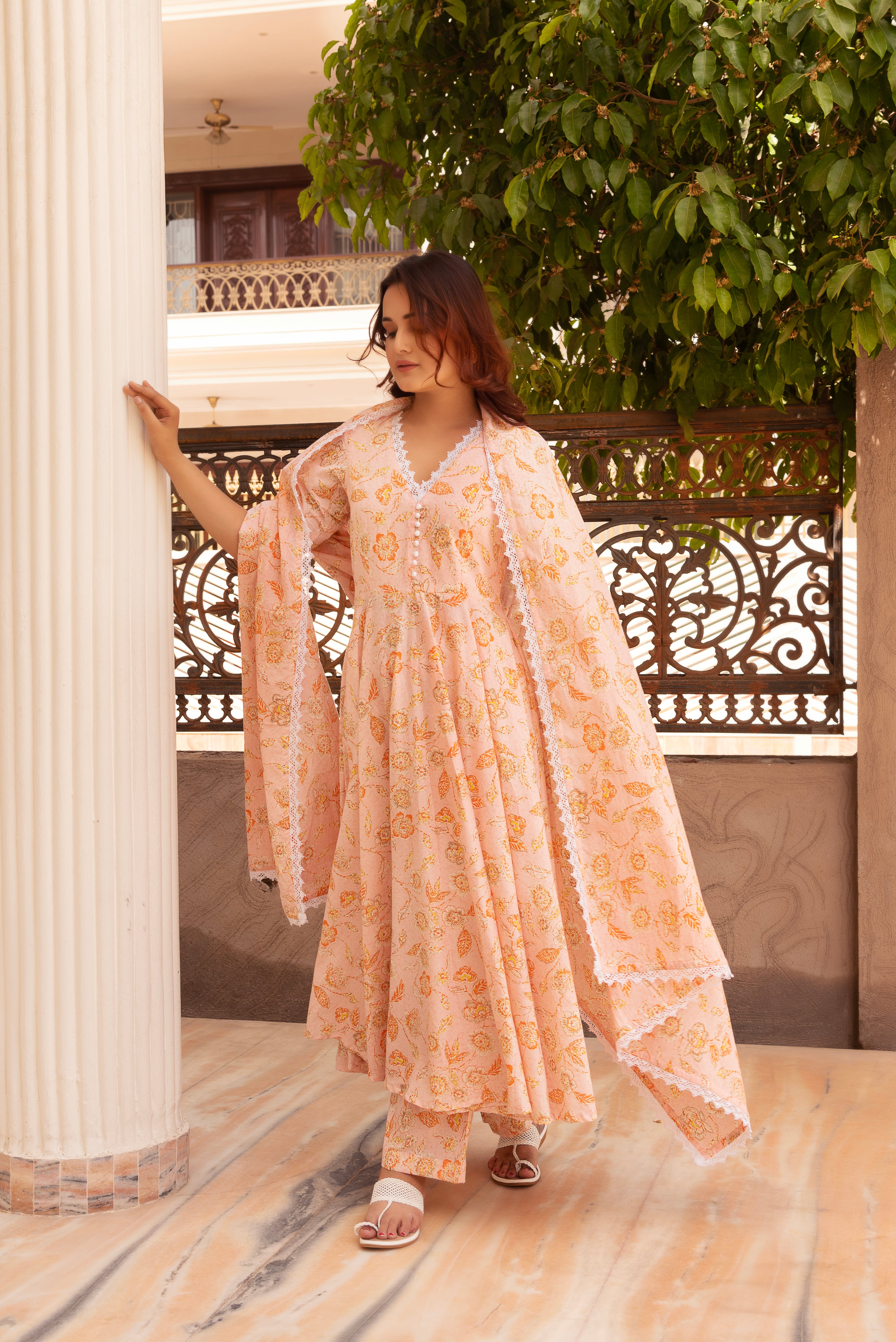 KAPAS ORANGE FLORAL LACE ANARKALI SET