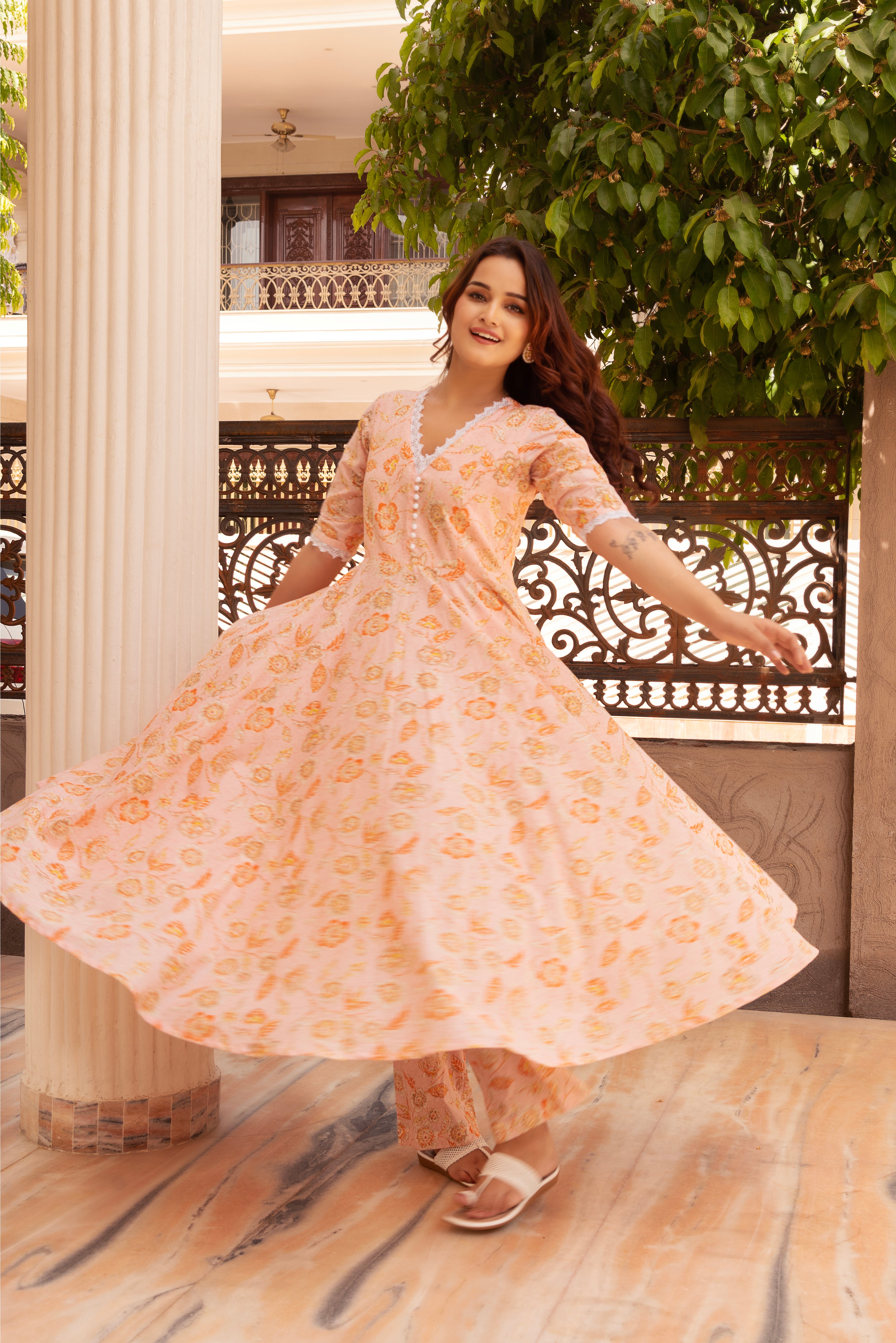 KAPAS ORANGE FLORAL LACE ANARKALI SET