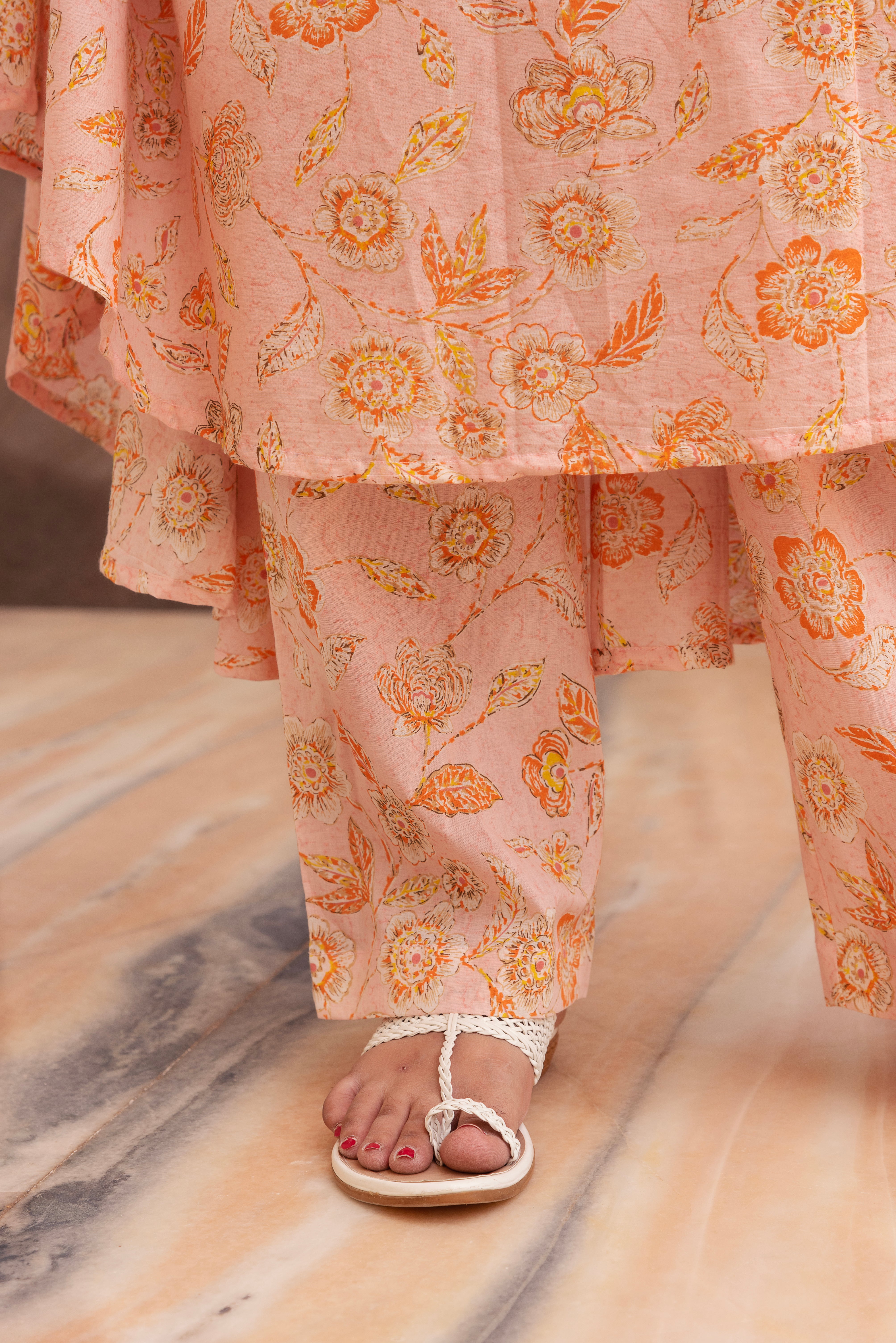 KAPAS ORANGE FLORAL LACE ANARKALI SET