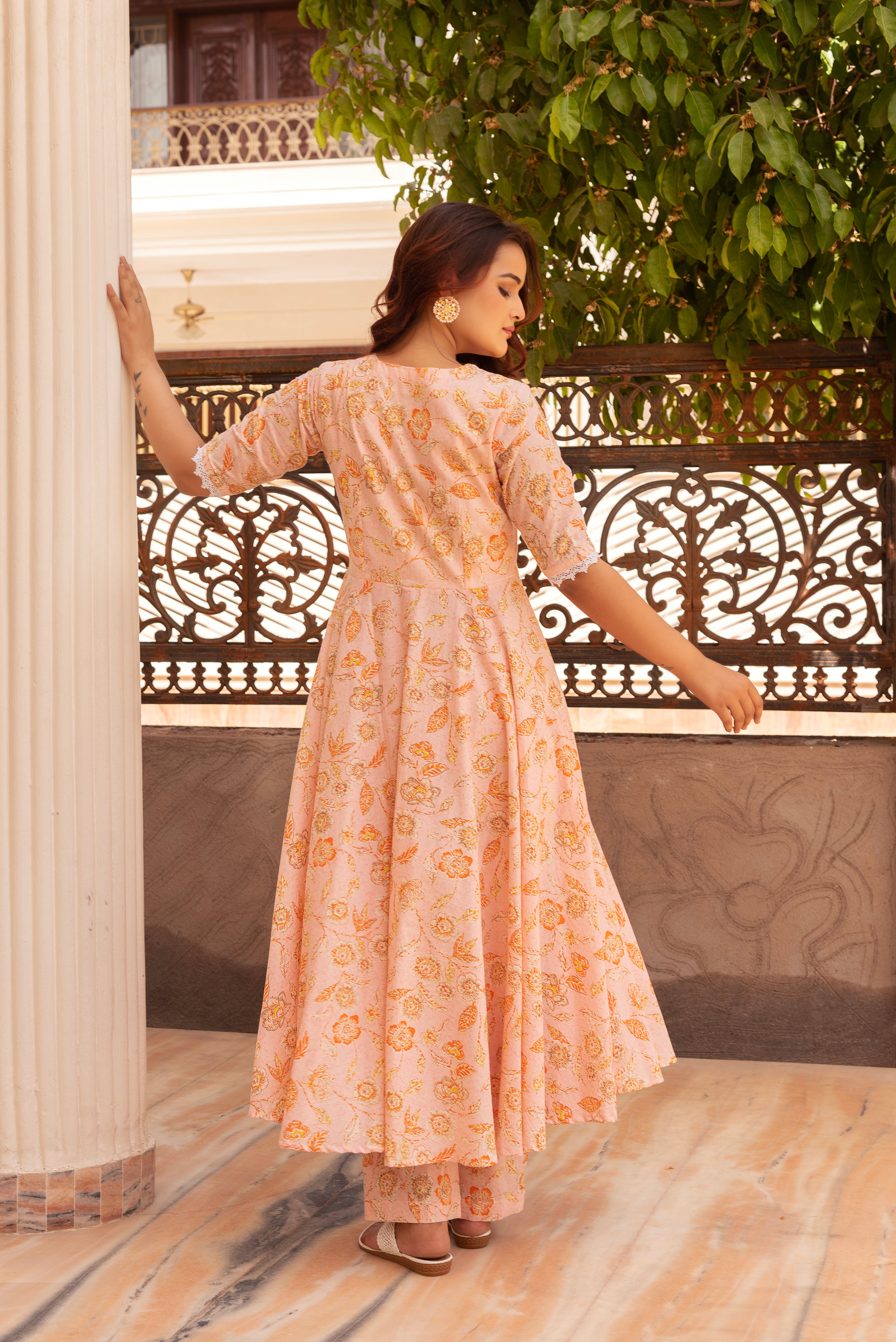 KAPAS ORANGE FLORAL LACE ANARKALI SET