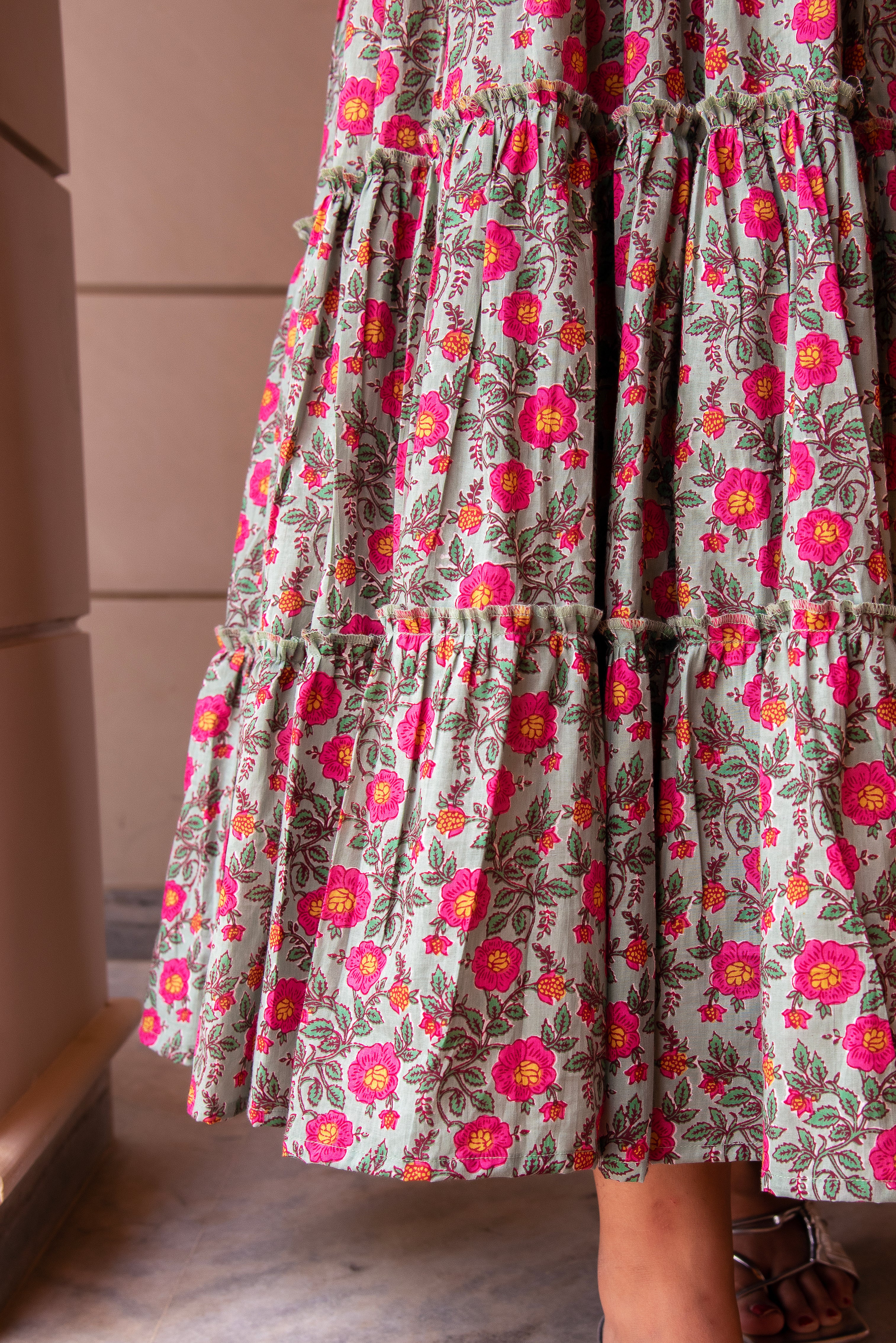 KAPAS PINK FLORAL RUFFLE LONG DRESS