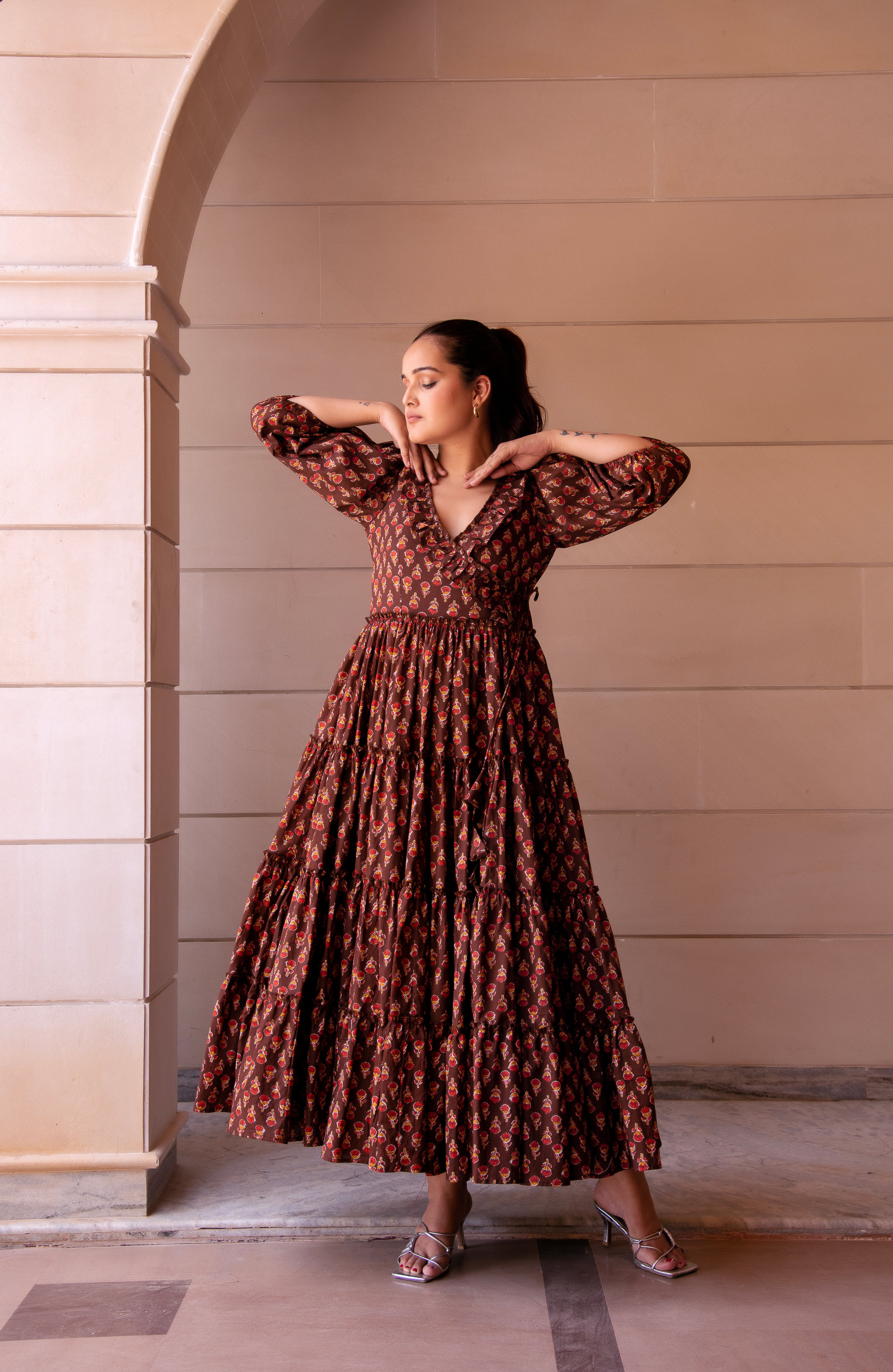 KAPAS RED PHOOL BROWN RUFFLE LONG DRESS