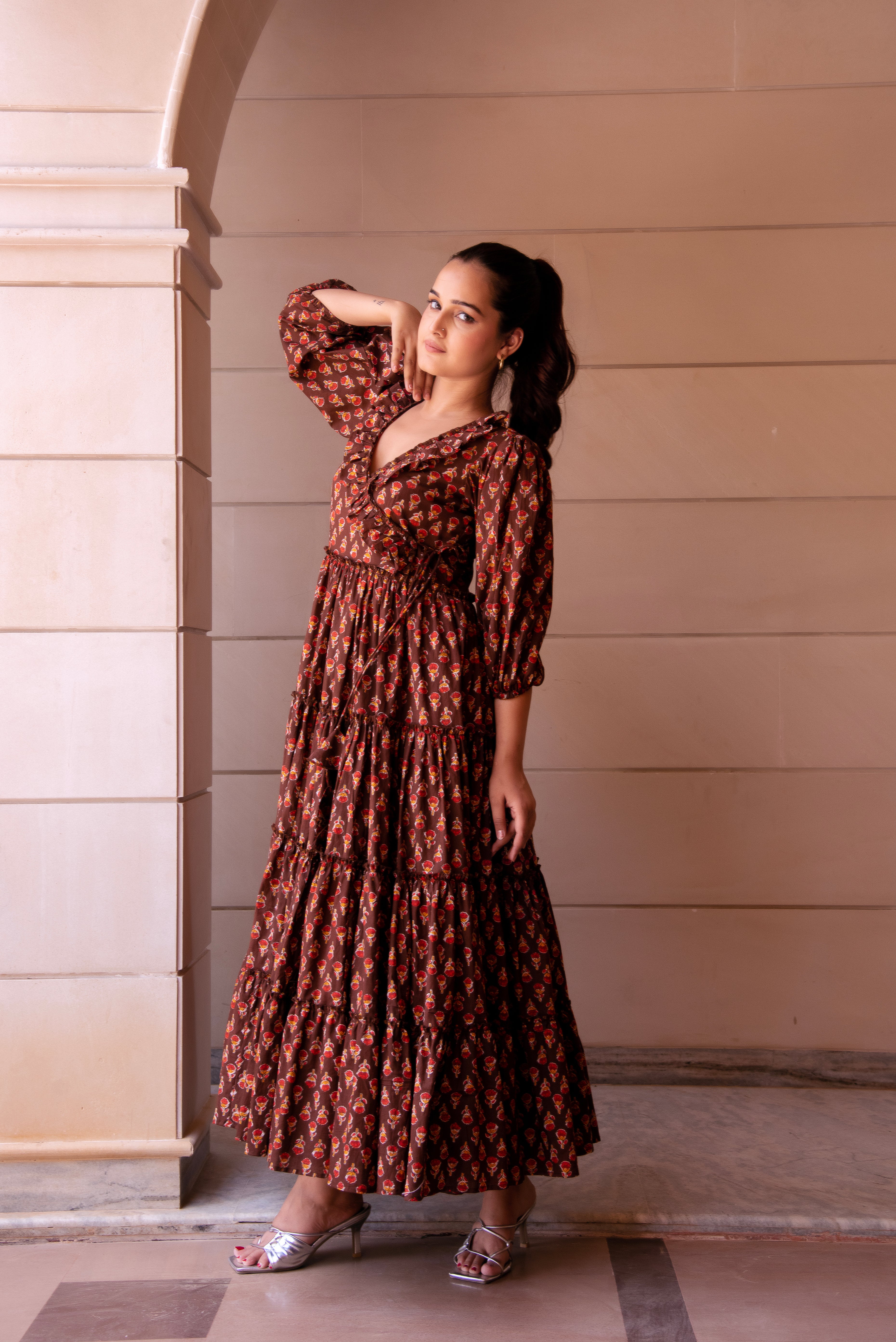 KAPAS RED PHOOL BROWN RUFFLE LONG DRESS