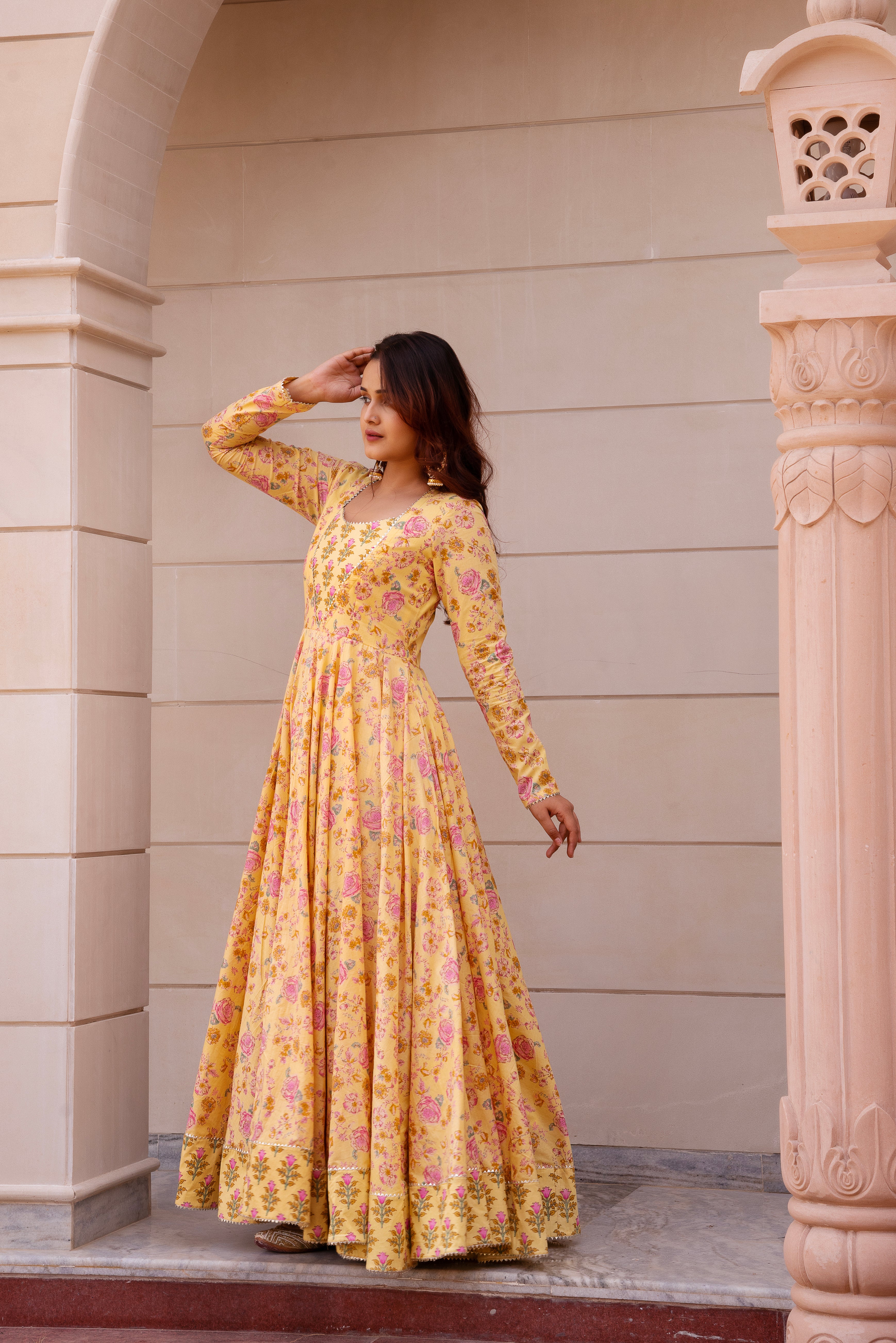 KAPAS LEMON YELLOW FLORAL FULL SLEEVE LONG DRESS