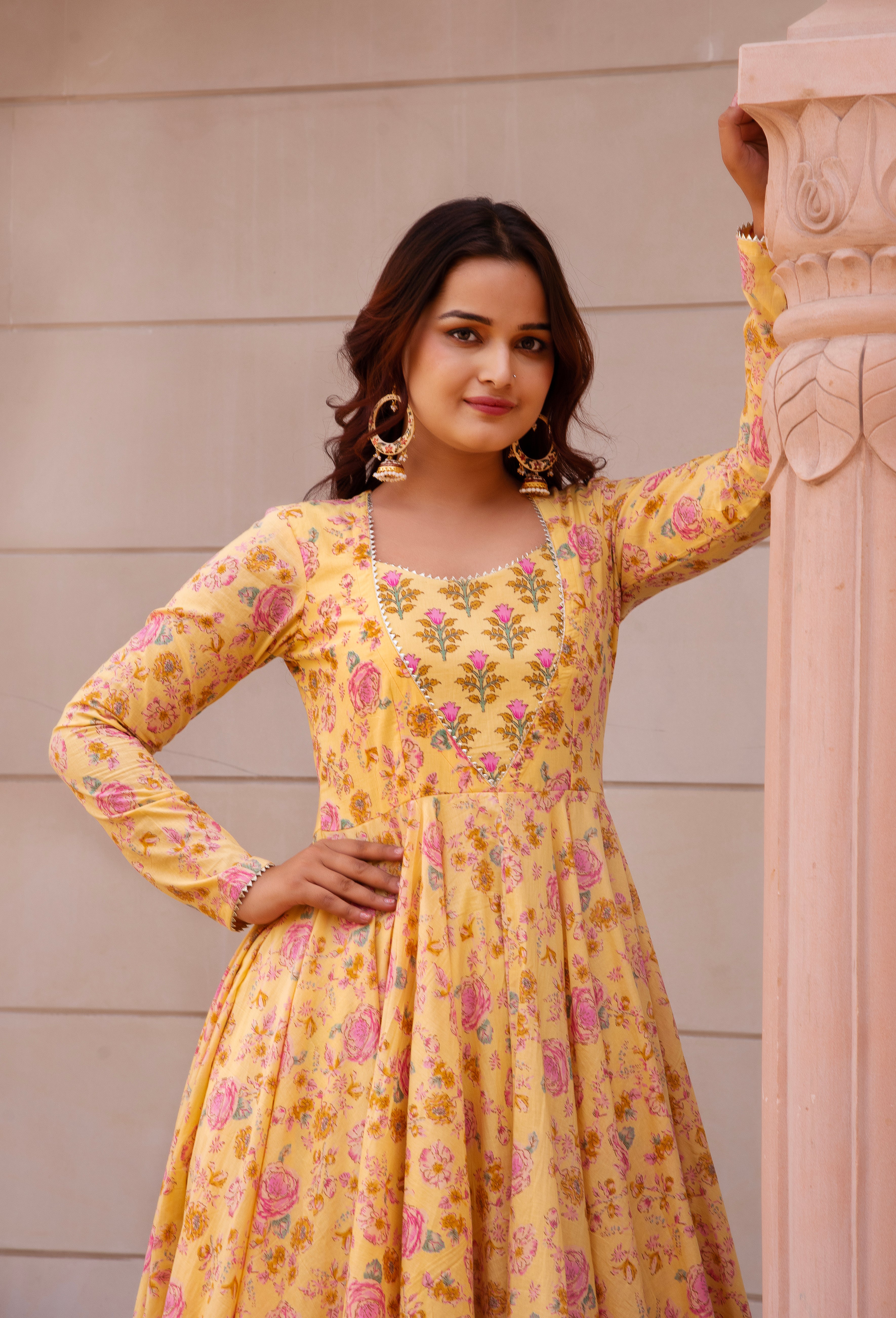 KAPAS LEMON YELLOW FLORAL FULL SLEEVE LONG DRESS