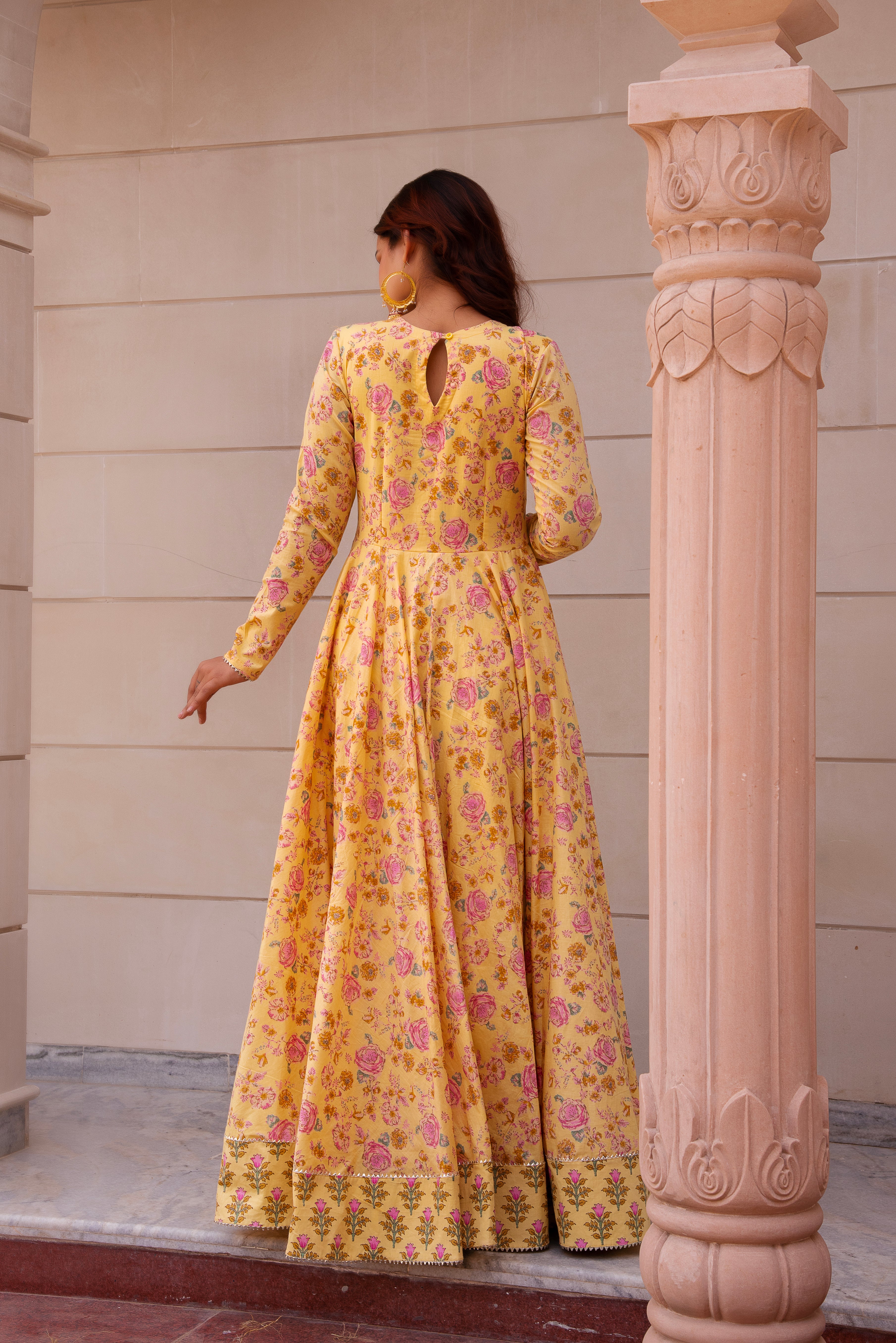 KAPAS LEMON YELLOW FLORAL FULL SLEEVE LONG DRESS