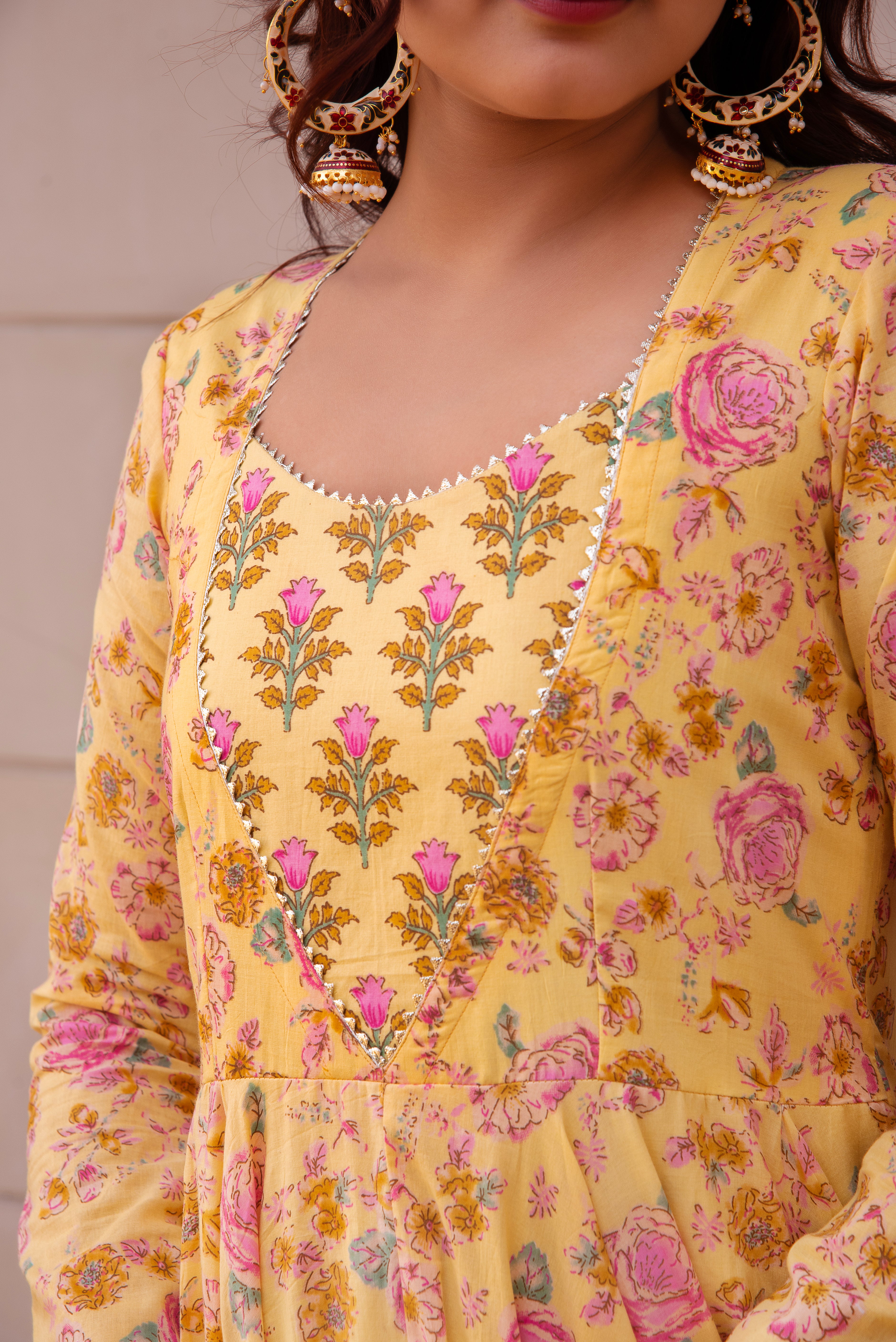 KAPAS LEMON YELLOW FLORAL FULL SLEEVE LONG DRESS