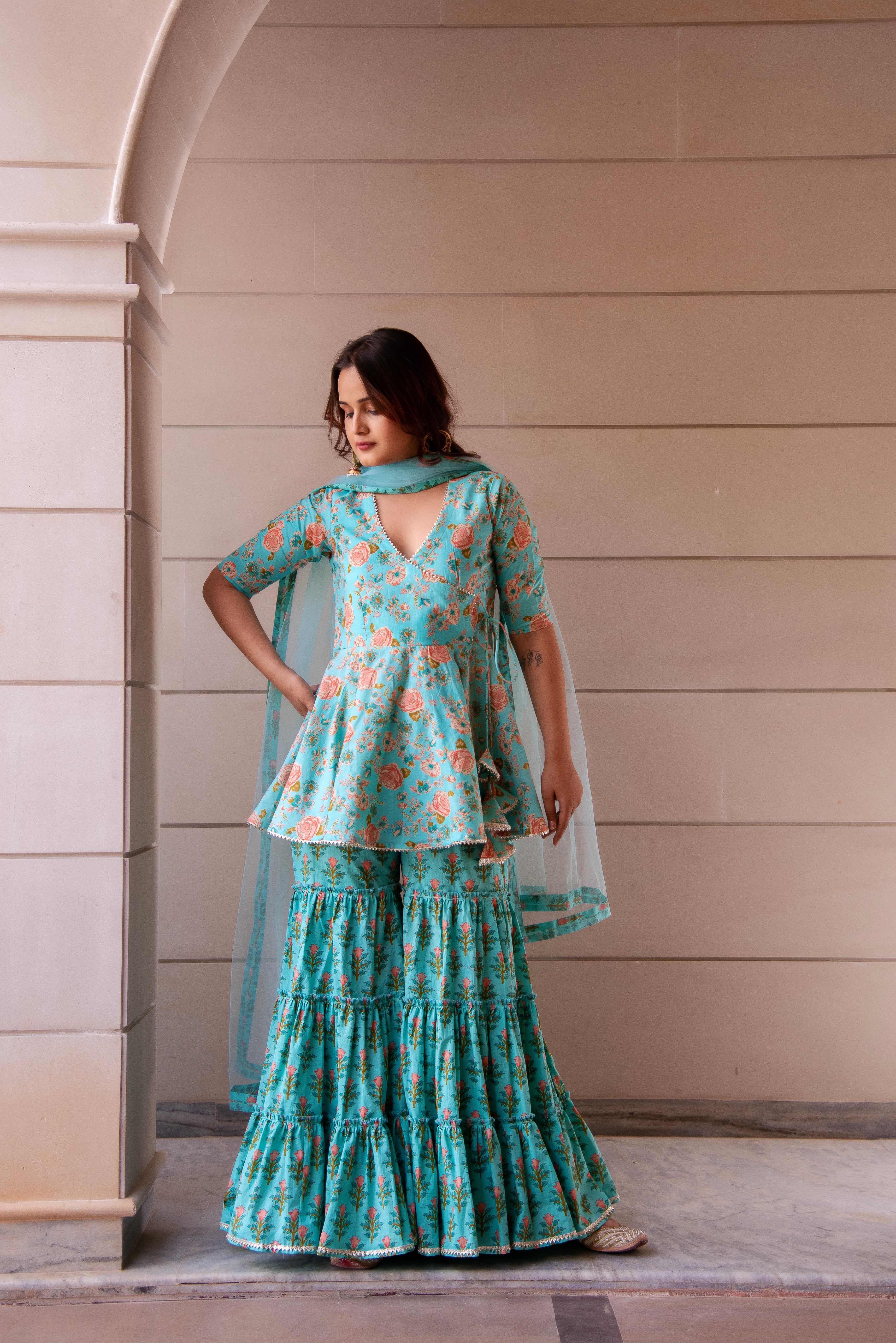 KAPAS TEAL GREEN SHARARA SET