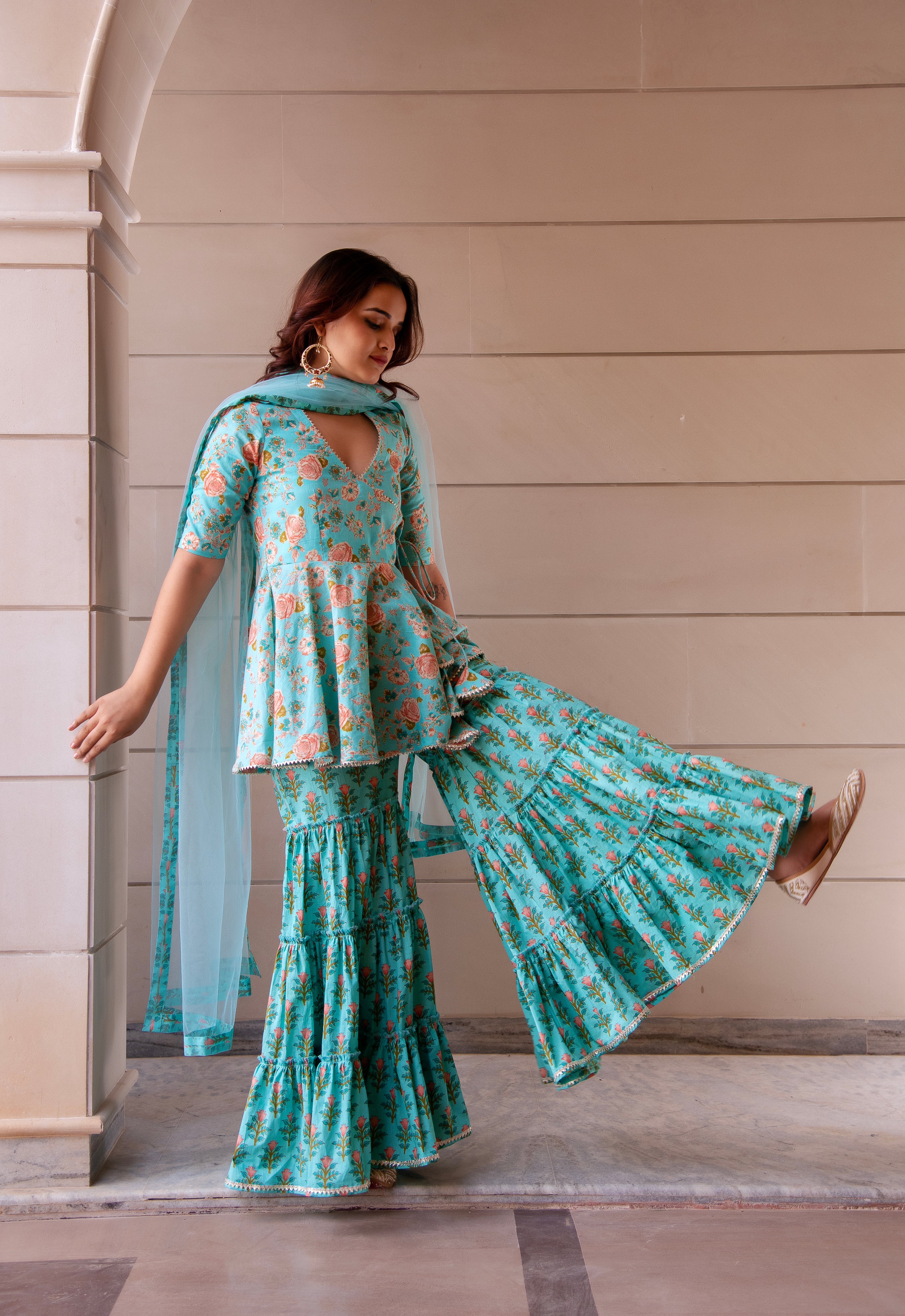 KAPAS TEAL GREEN SHARARA SET