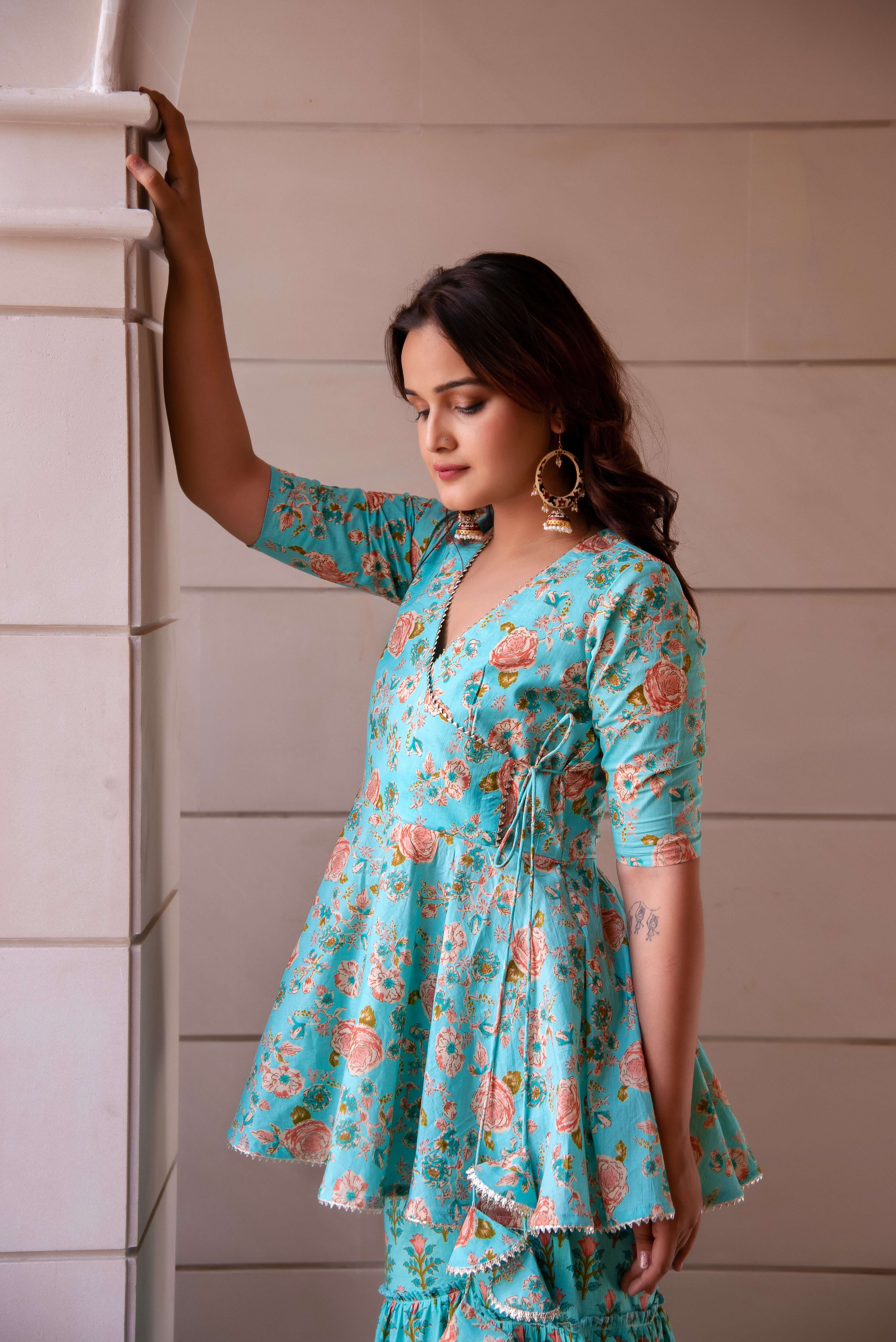 KAPAS TEAL GREEN SHARARA SET