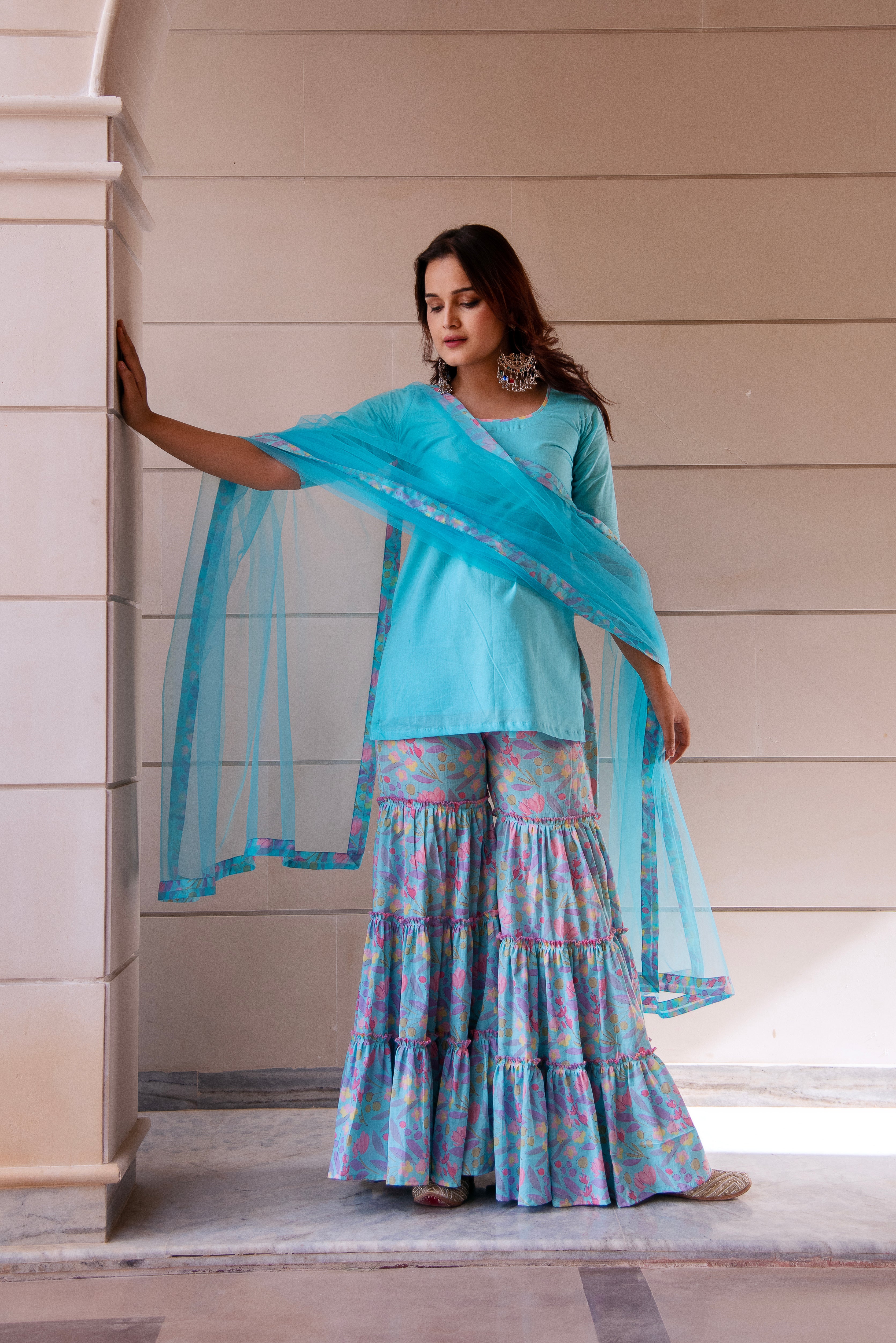 KAPAS PASTEL BLUE PRINTED SHARARA SET