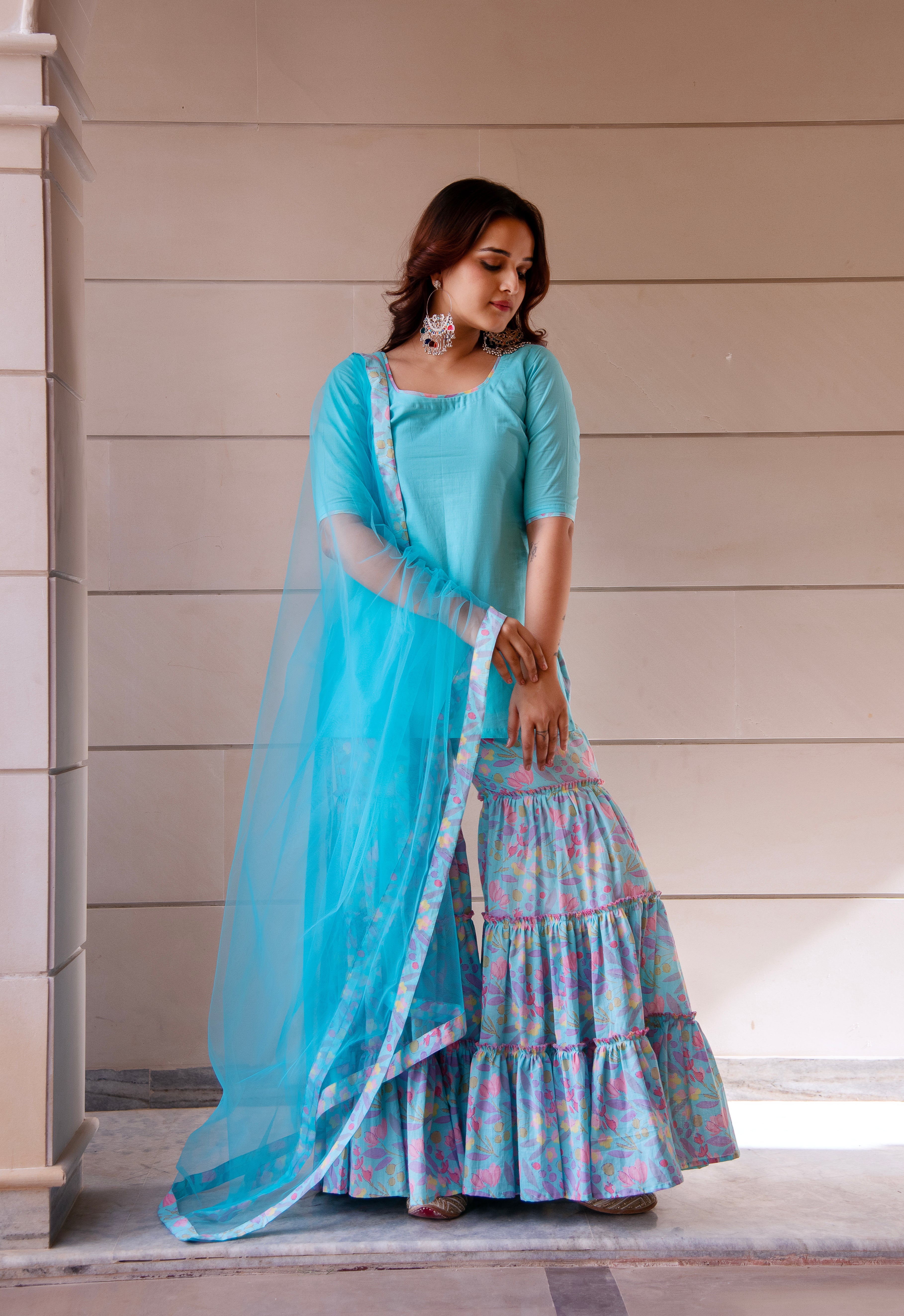 KAPAS PASTEL BLUE PRINTED SHARARA SET