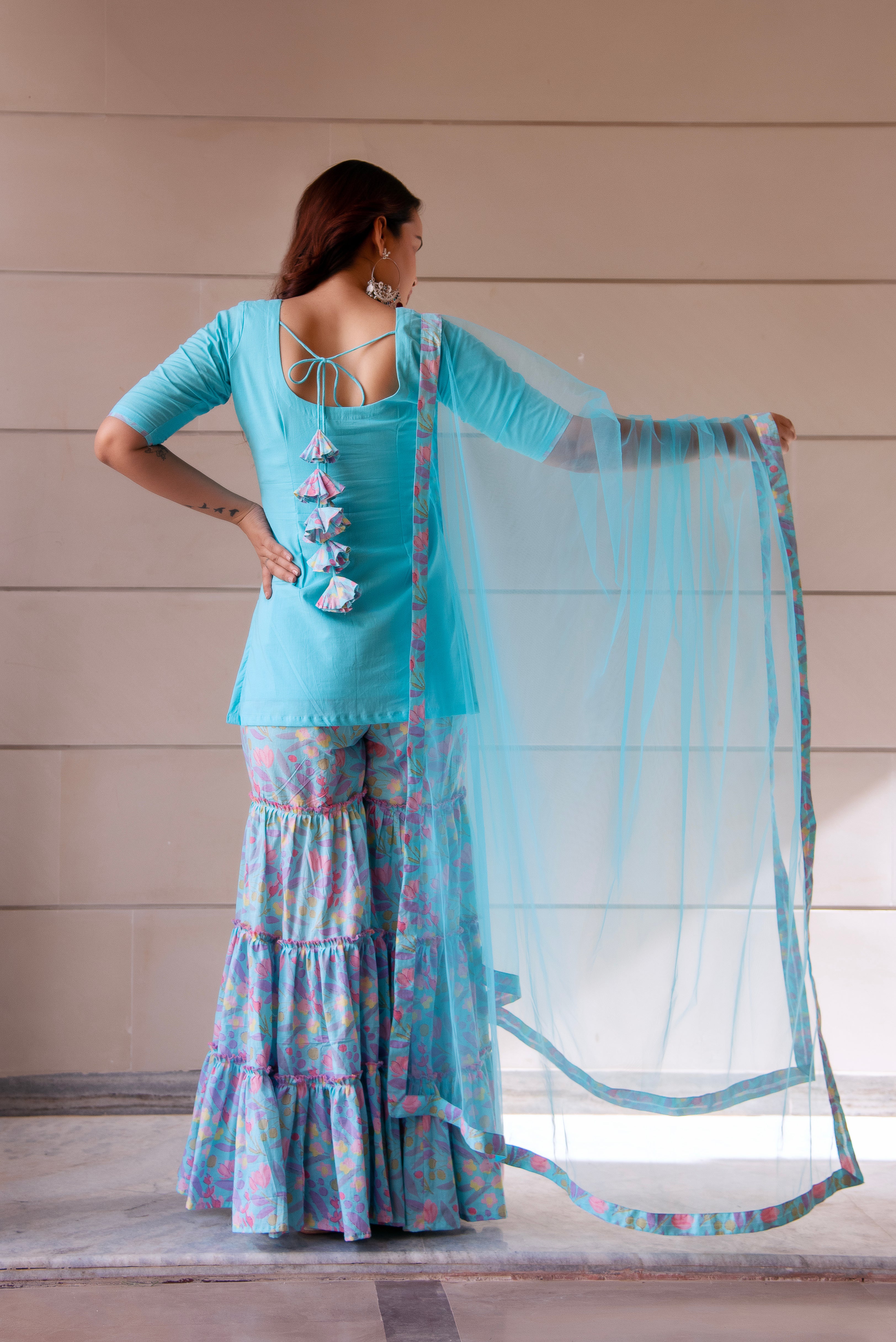 KAPAS PASTEL BLUE PRINTED SHARARA SET