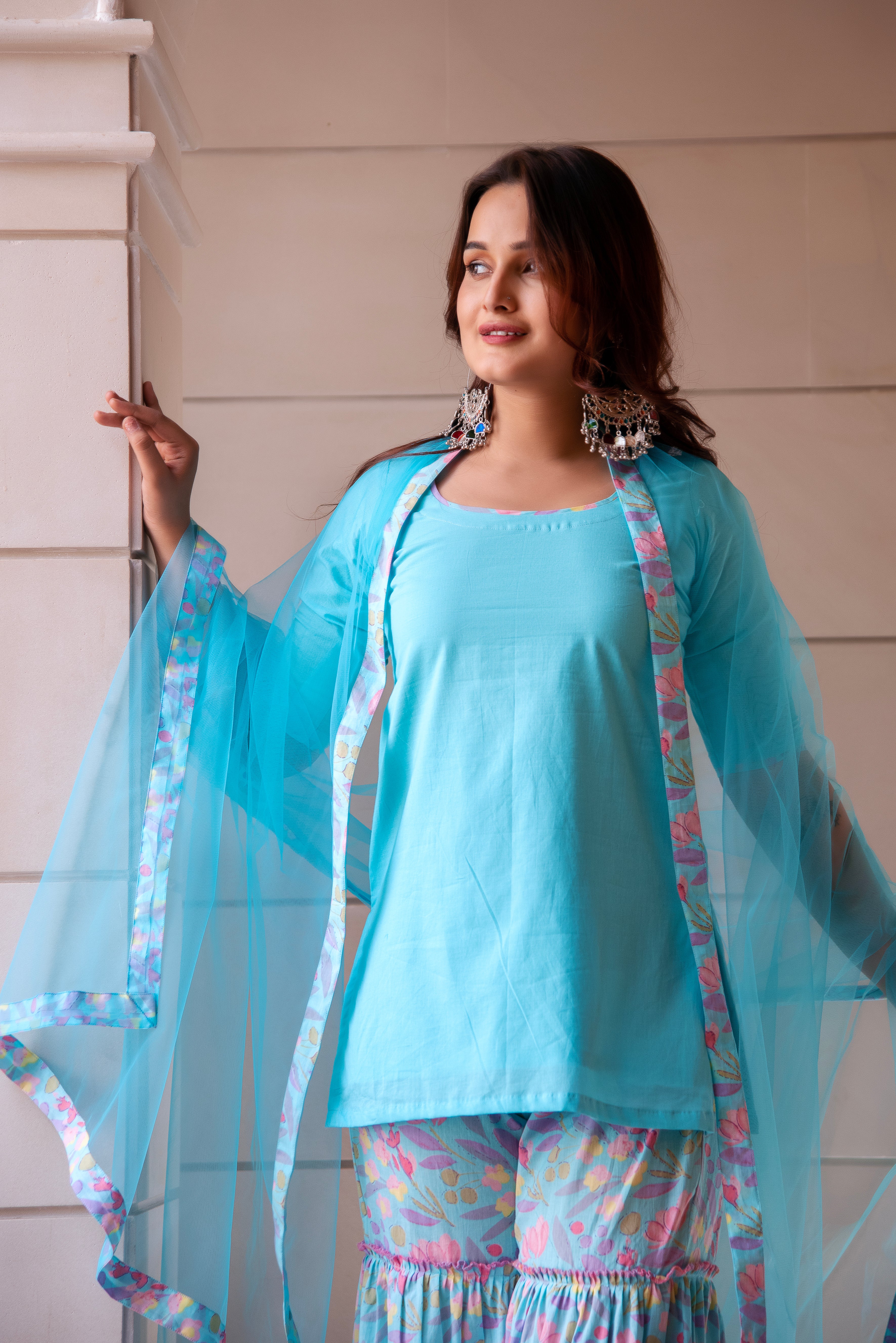 KAPAS PASTEL BLUE PRINTED SHARARA SET