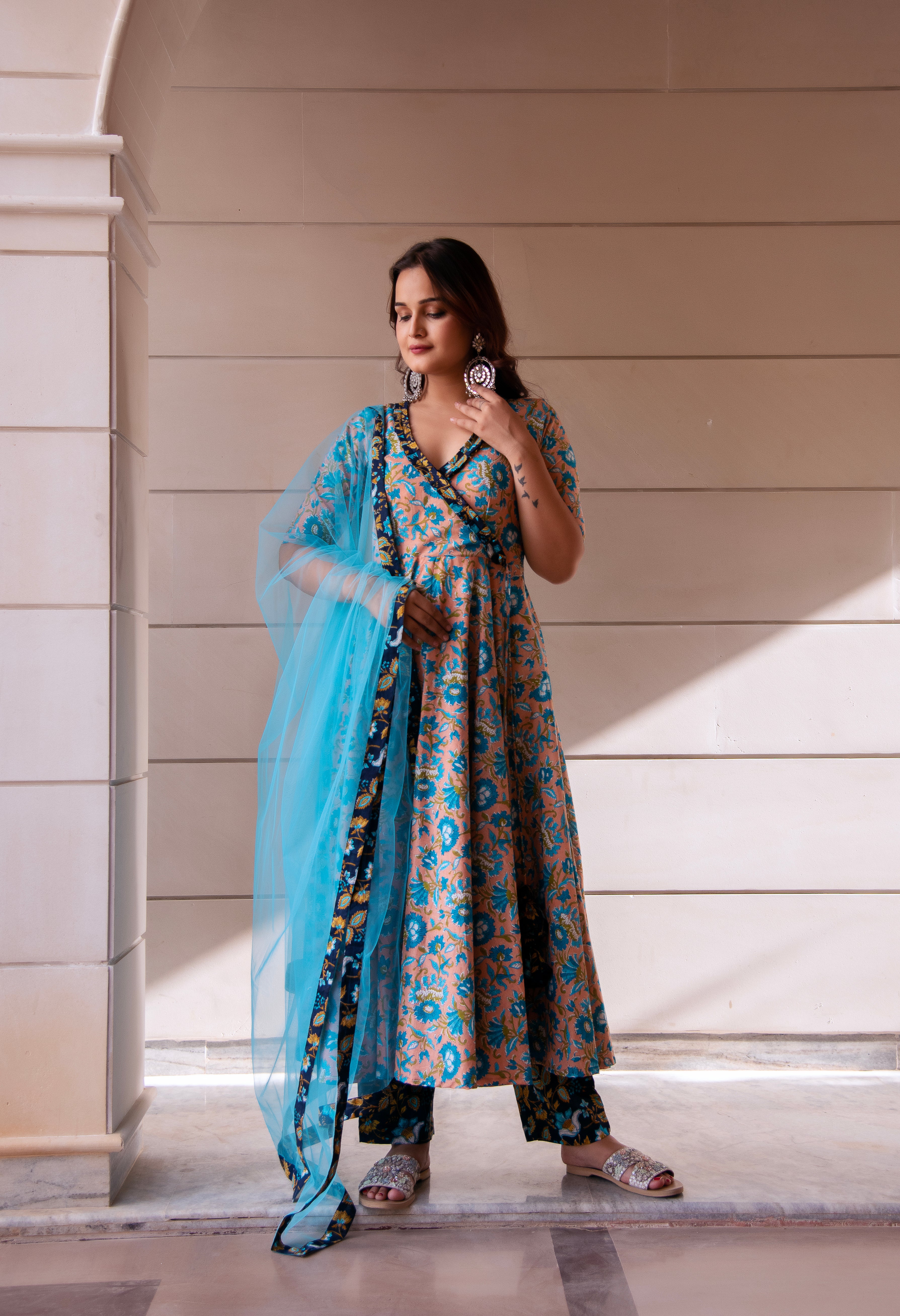 KAPAS BLUE PHOOL RUFFLE ANGRAKHA  SET