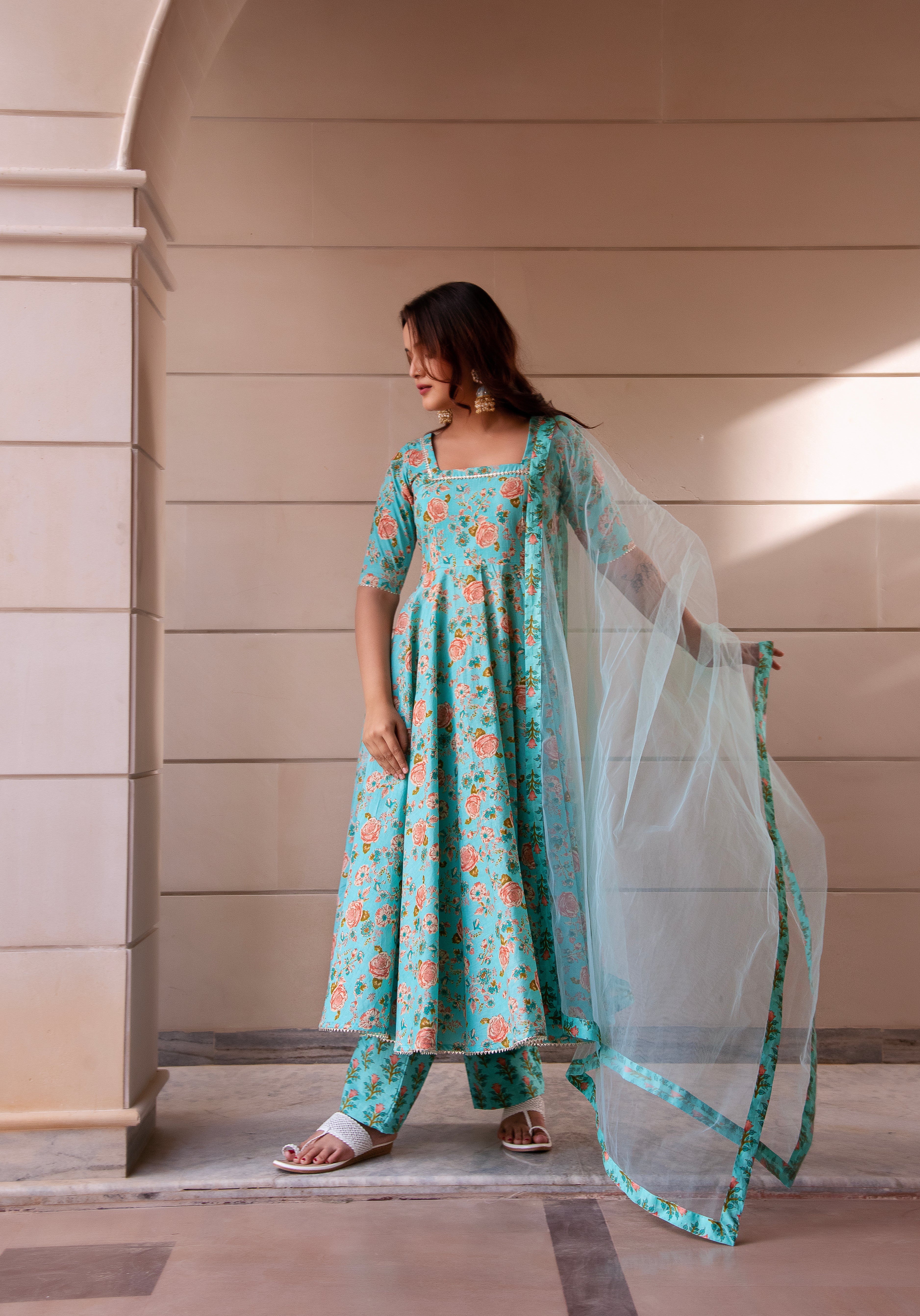 KAPAS TEAL GREEN ANARKALI SET