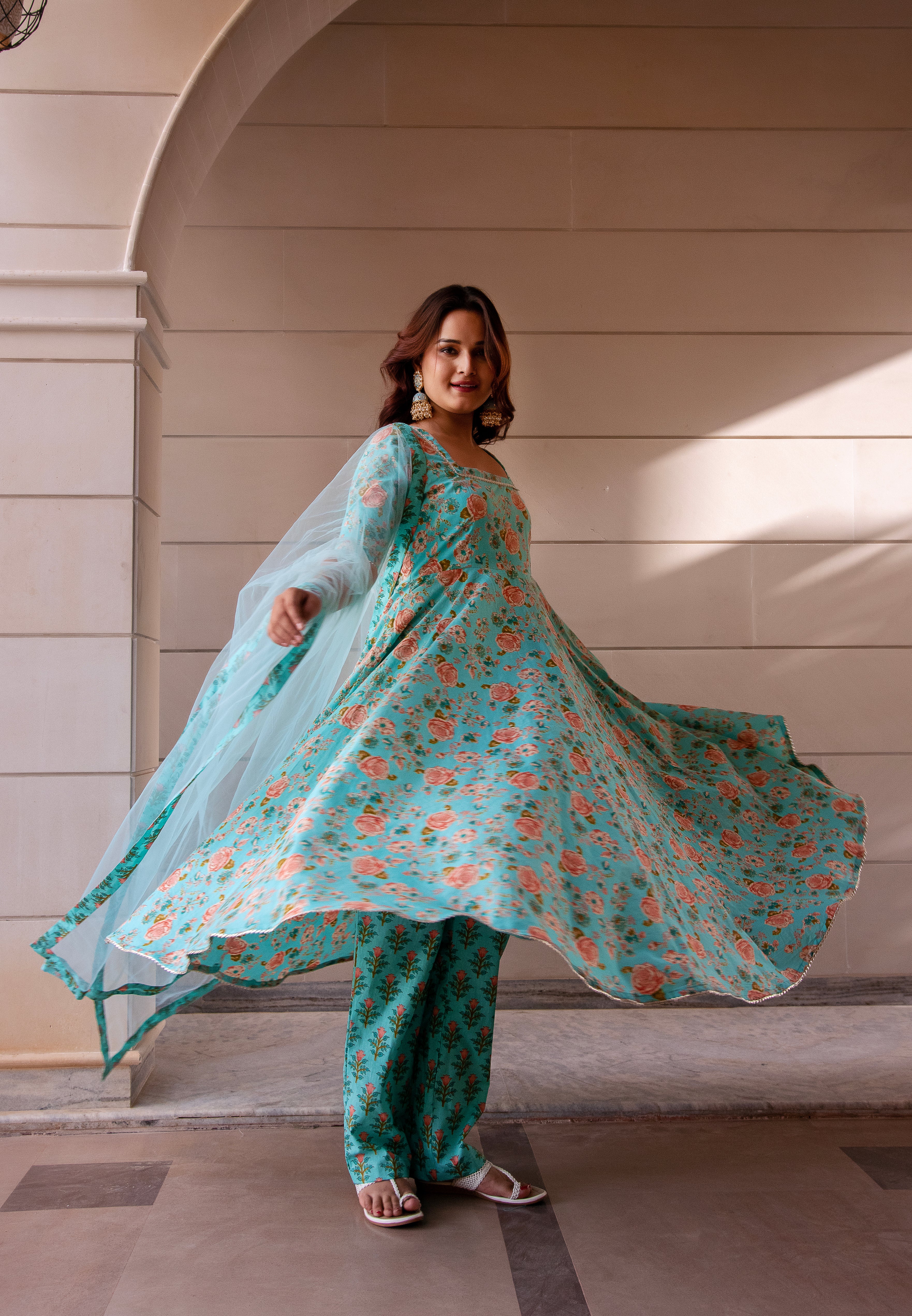 KAPAS TEAL GREEN ANARKALI SET