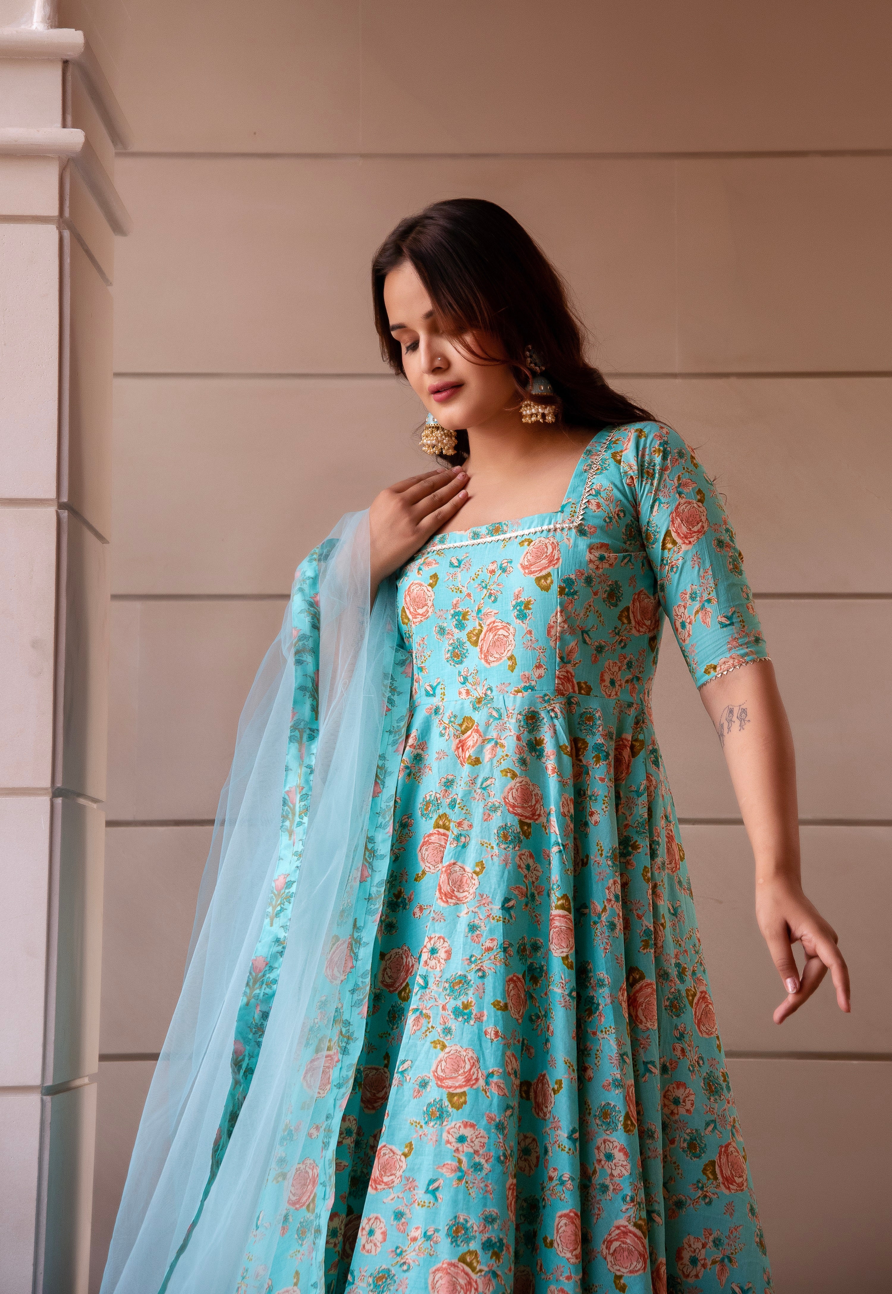 KAPAS TEAL GREEN ANARKALI SET