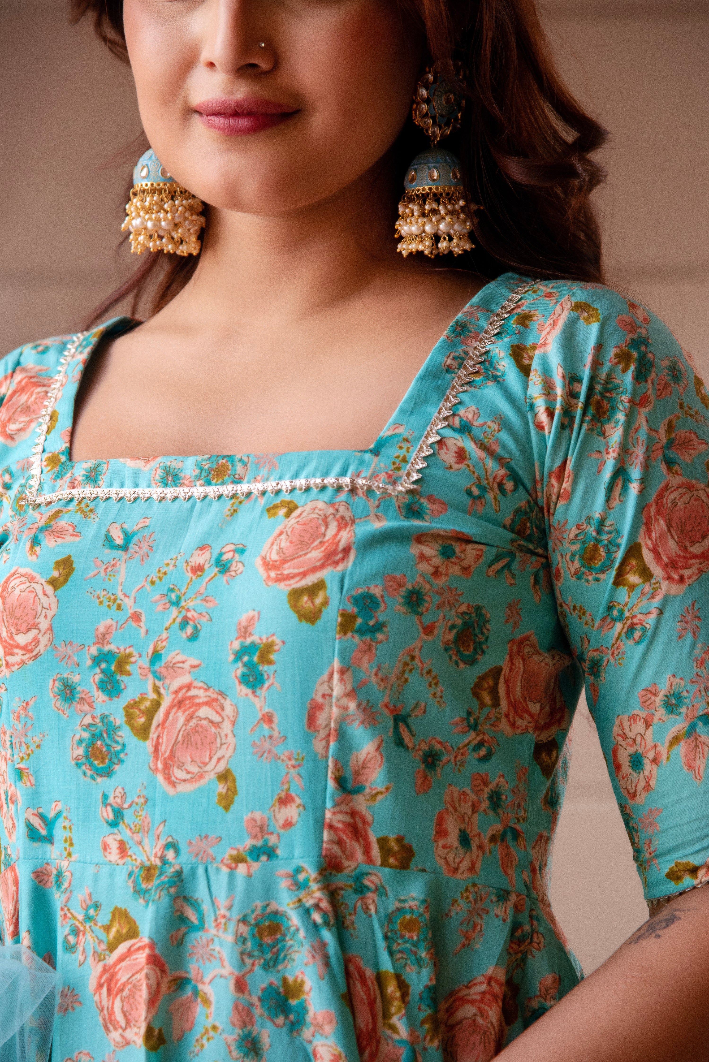 KAPAS TEAL GREEN ANARKALI SET