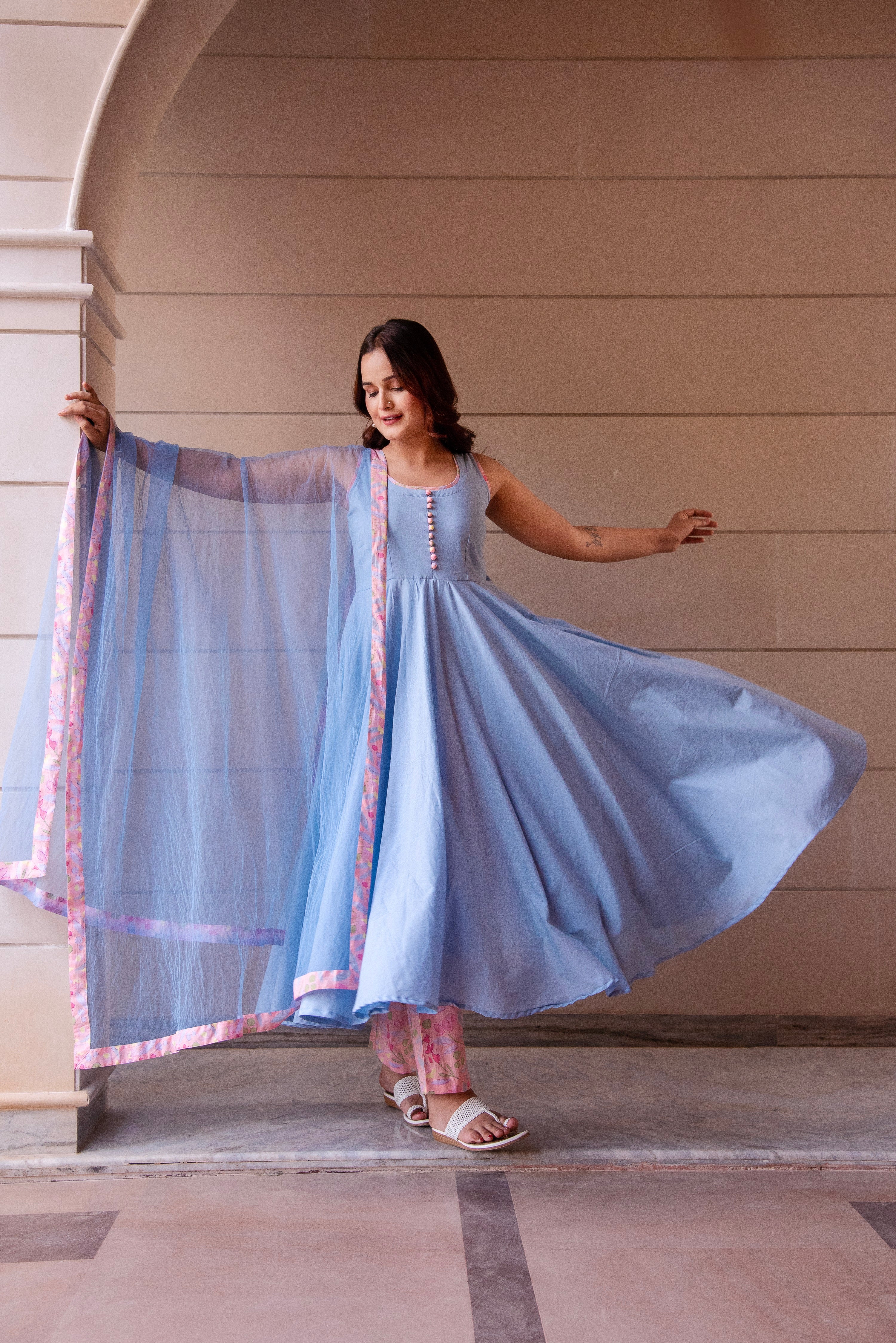 KAPAS POWDER BLUE PRINTED SLEEVELESS ANARKALI SET