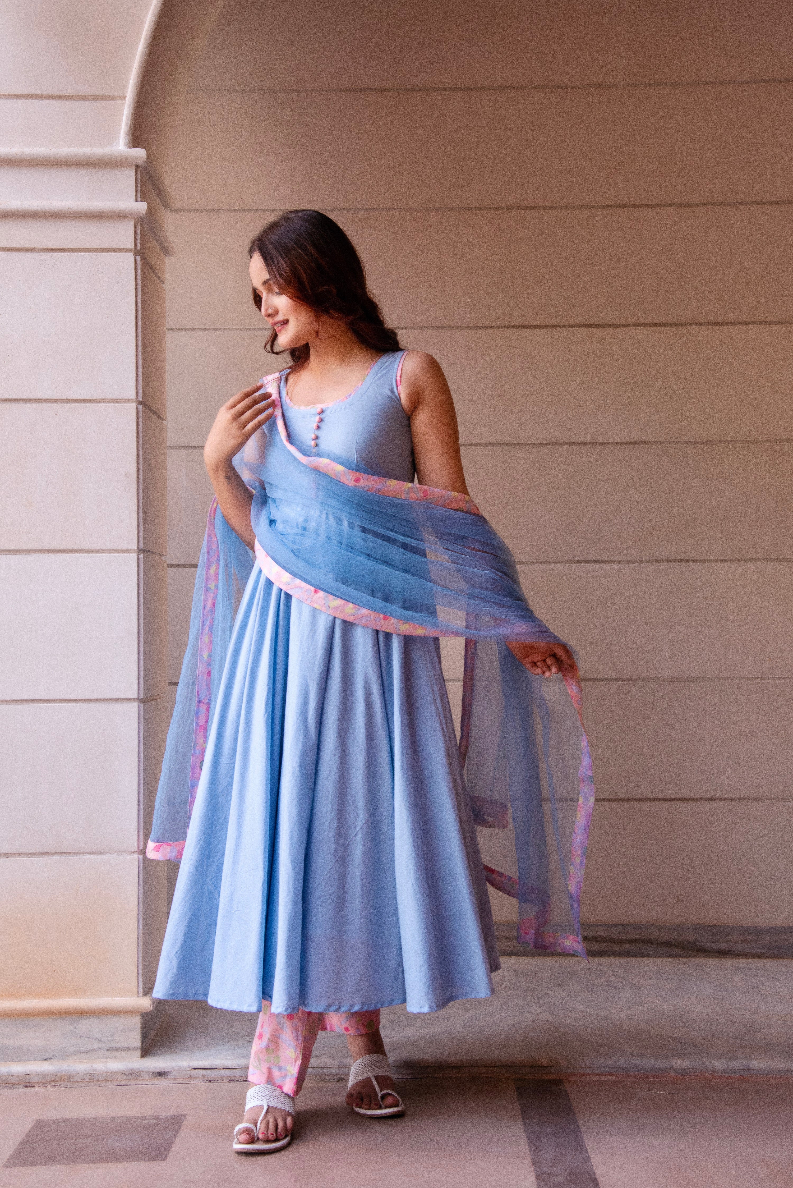 KAPAS POWDER BLUE PRINTED SLEEVELESS ANARKALI SET