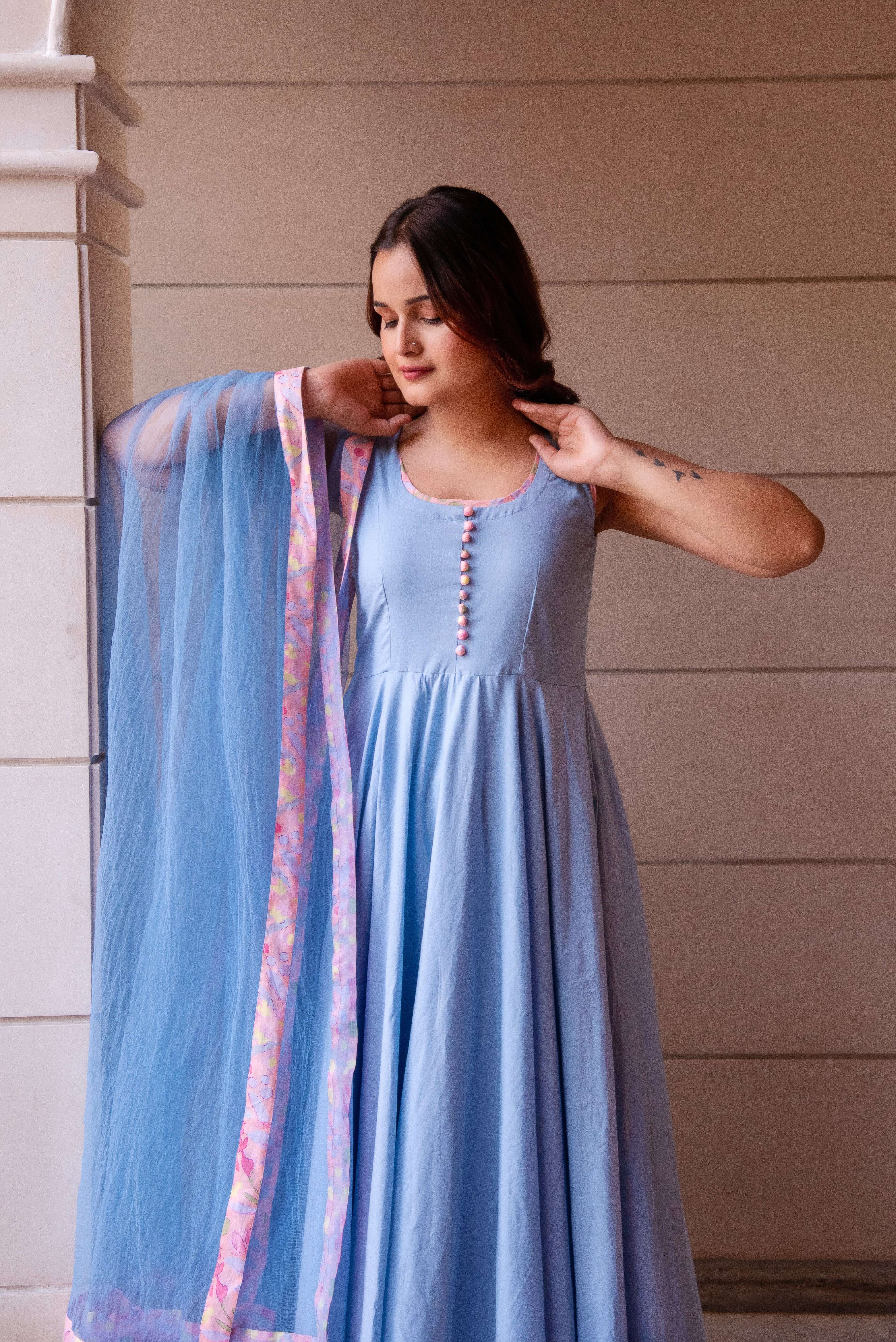 KAPAS POWDER BLUE PRINTED SLEEVELESS ANARKALI SET