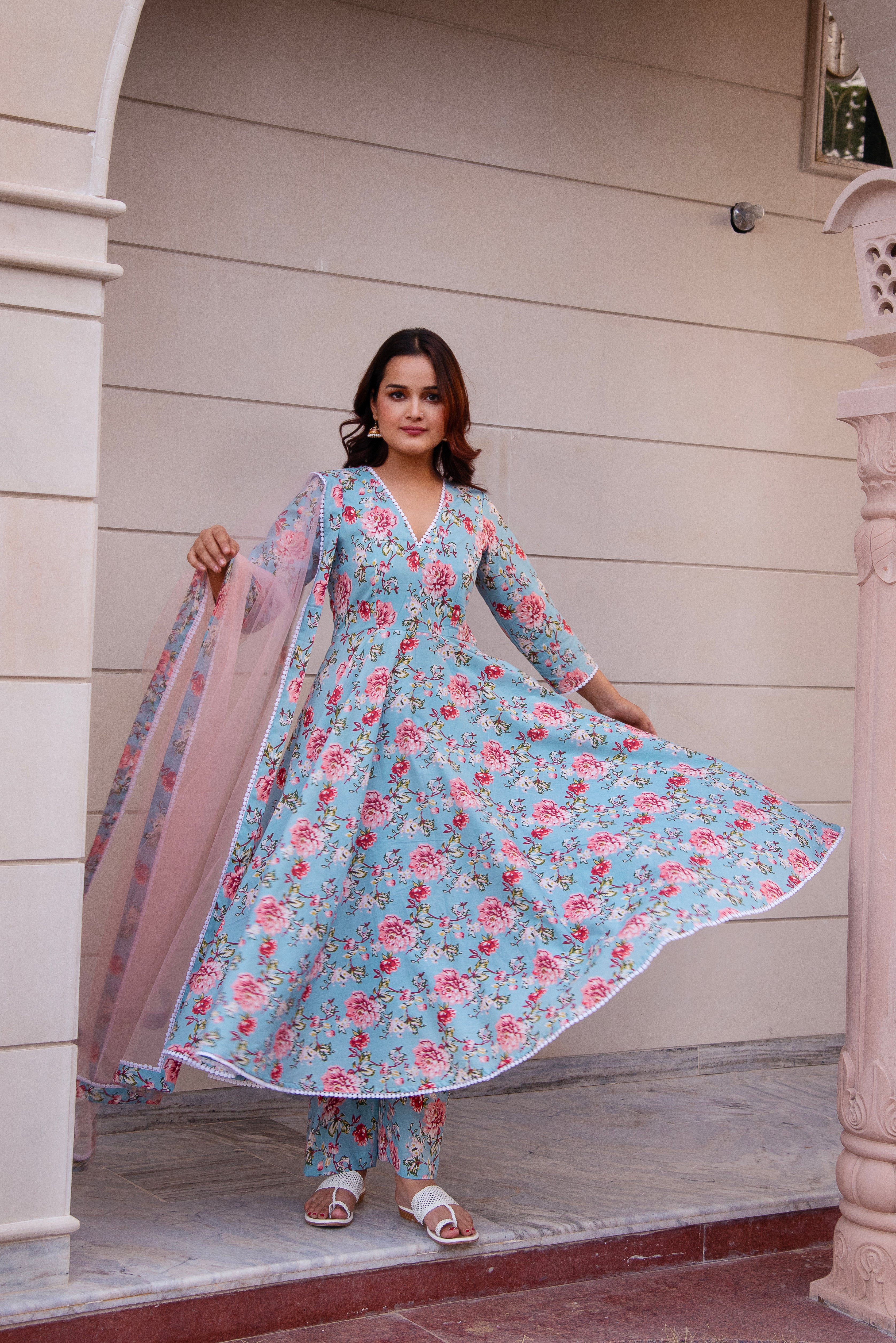 KAPAS BLUE FLORAL LACE ANARKALI SET