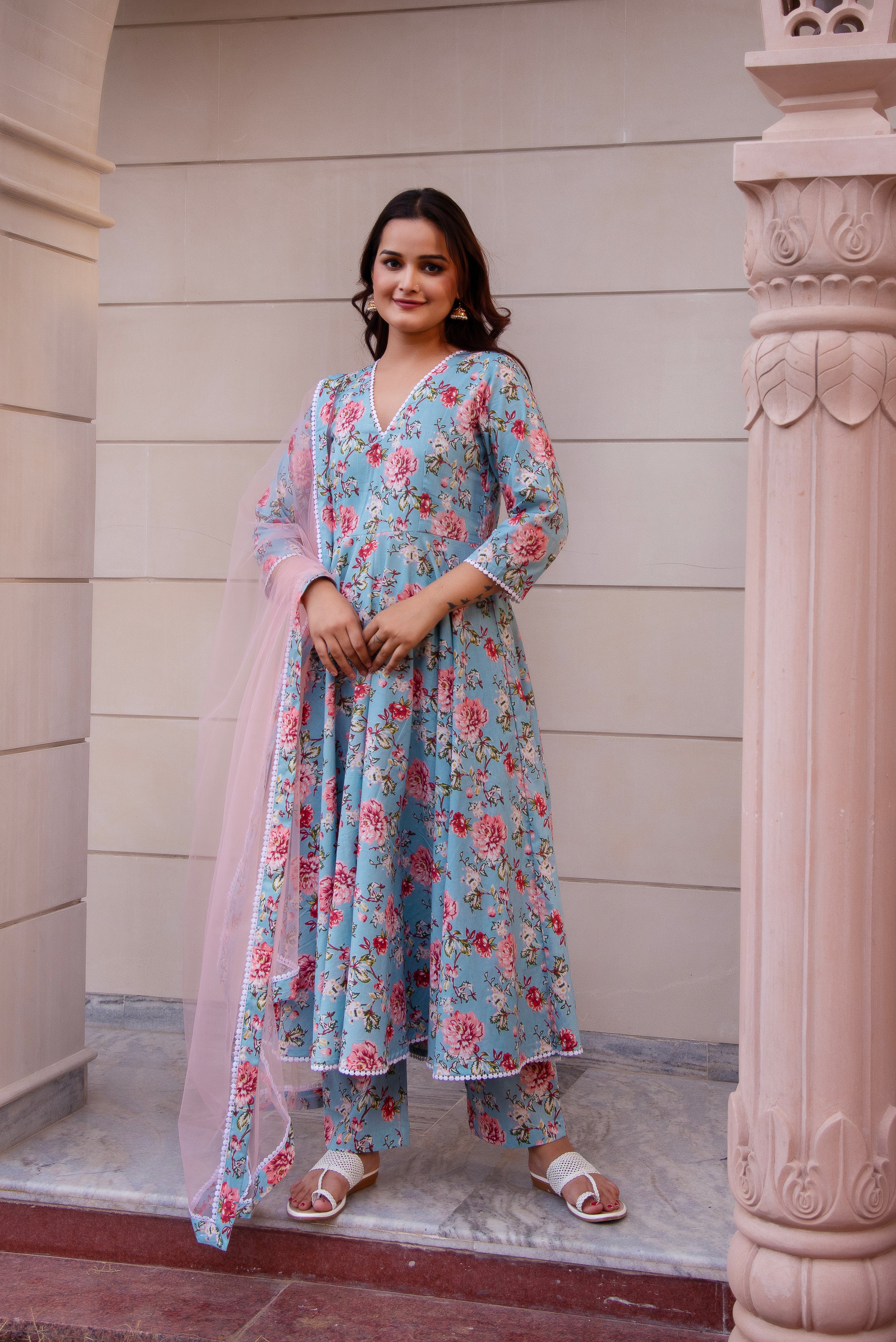 KAPAS BLUE FLORAL LACE ANARKALI SET