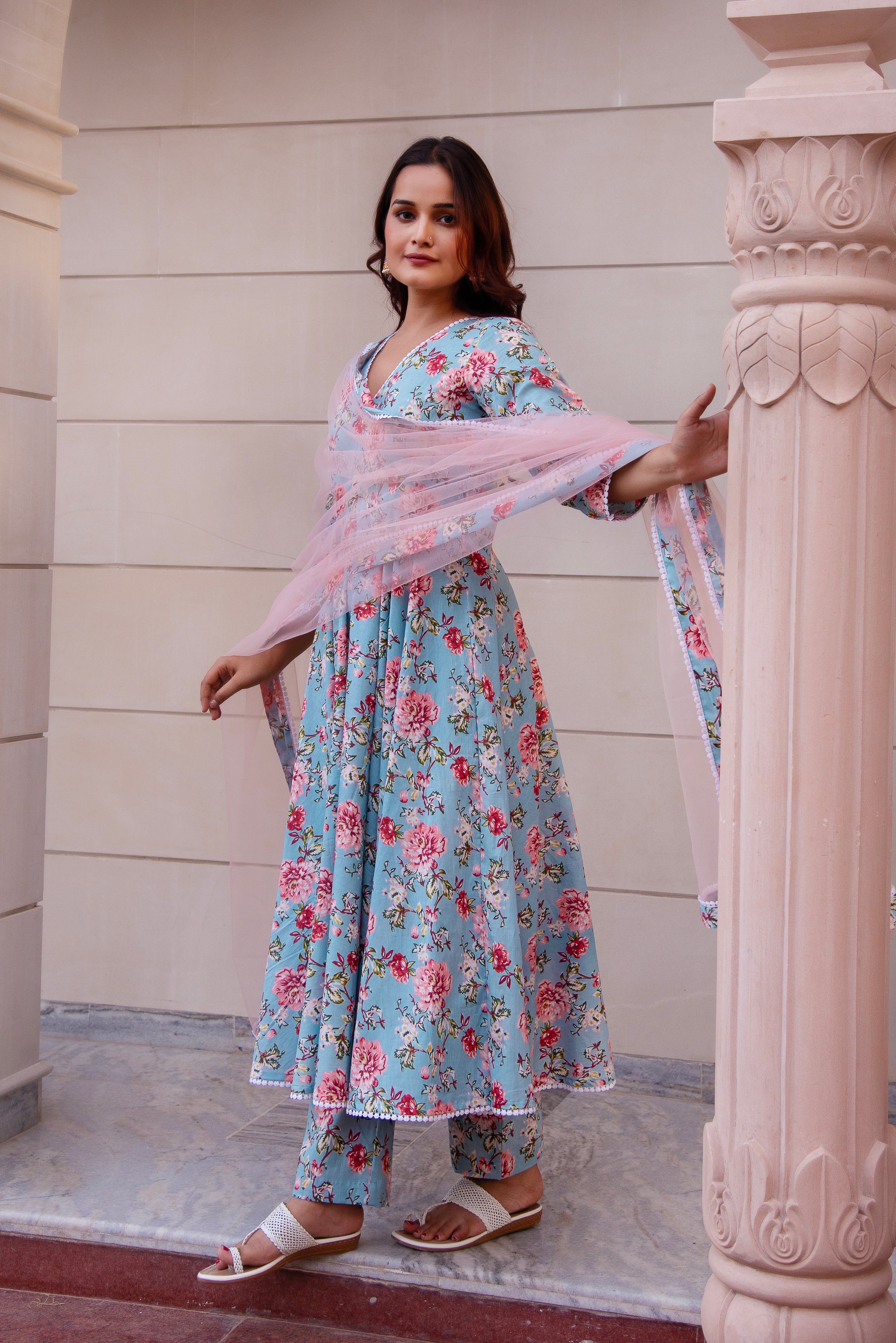 KAPAS BLUE FLORAL LACE ANARKALI SET