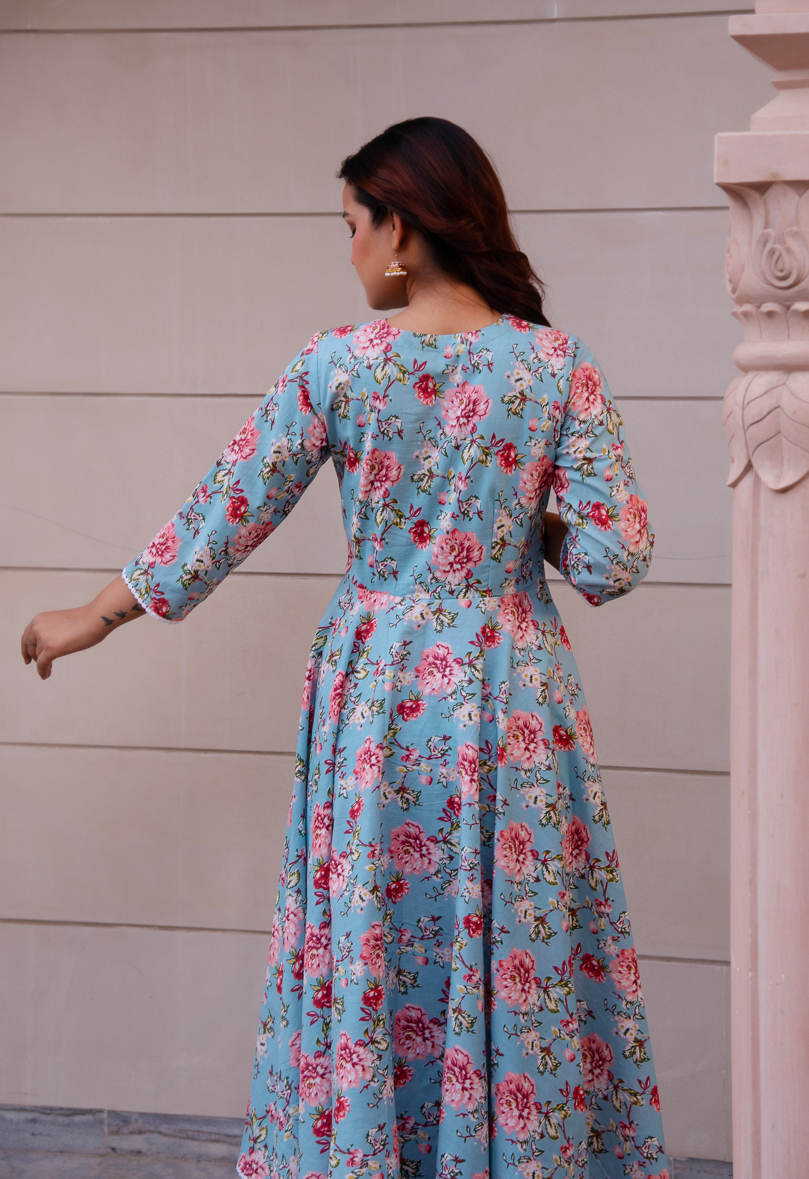 KAPAS BLUE FLORAL LACE ANARKALI SET