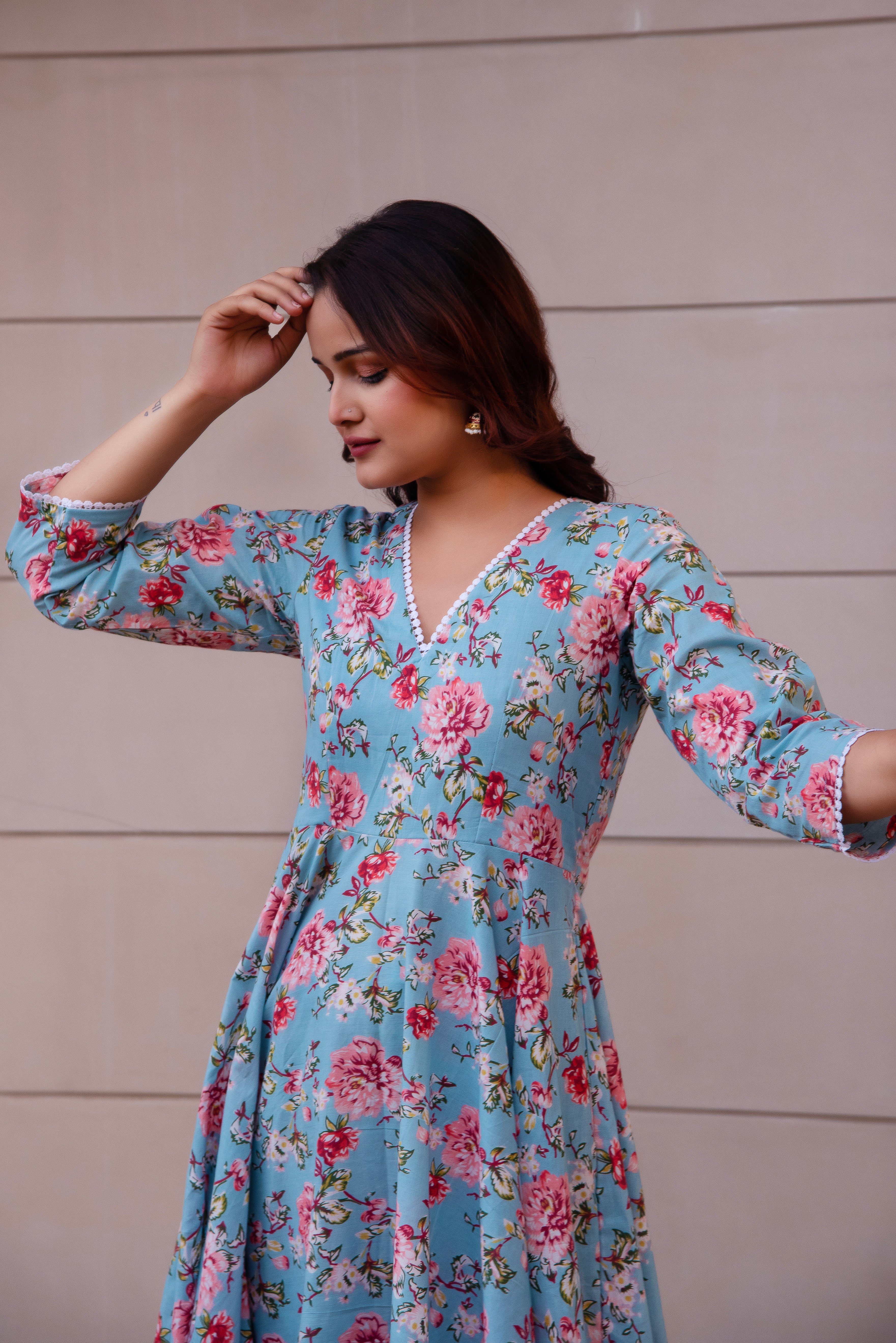 KAPAS BLUE FLORAL LACE ANARKALI SET