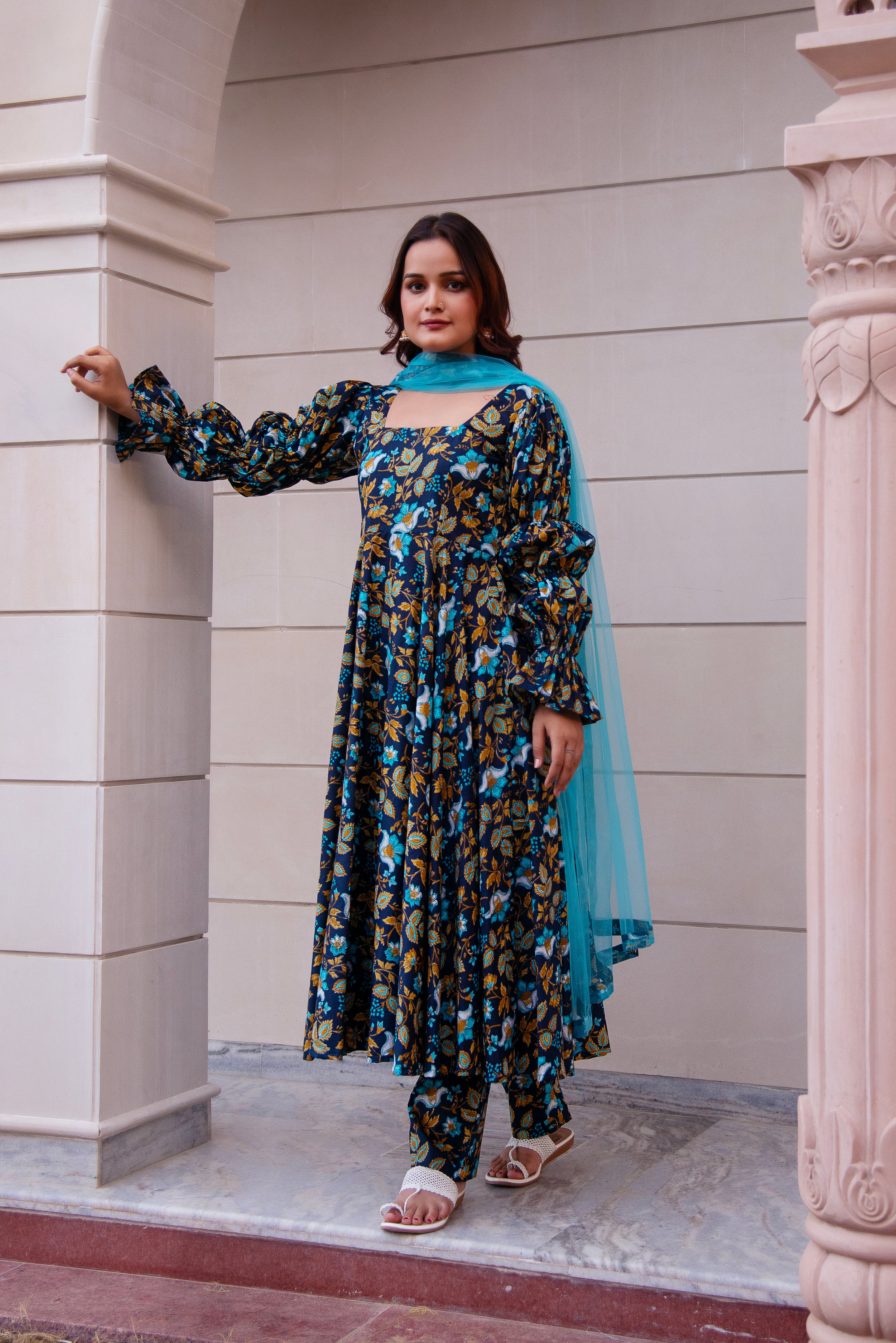 KAPAS BLUE PRINTED PUFF FULL SLEEVE ANARKALI SET