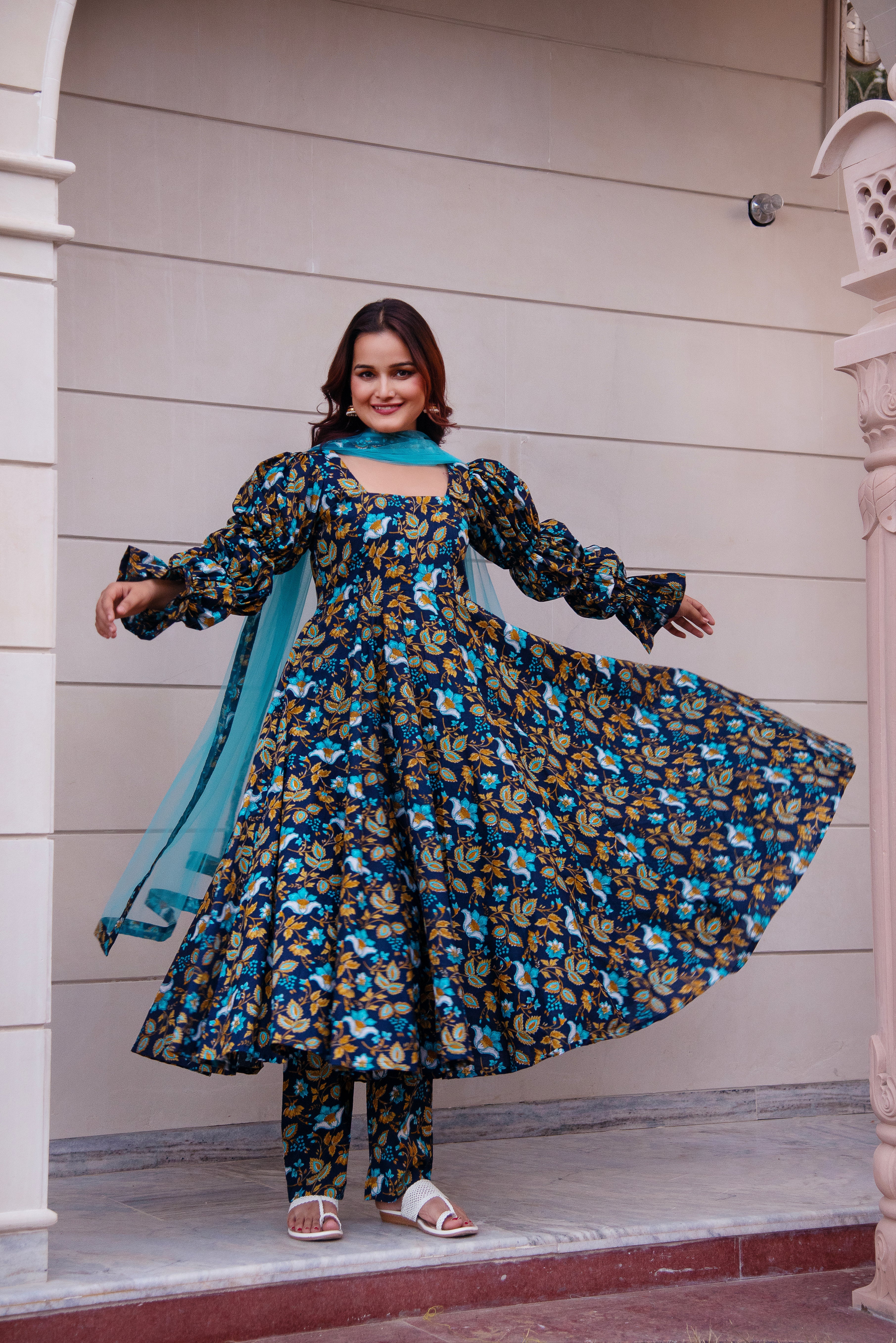 KAPAS BLUE PRINTED PUFF FULL SLEEVE ANARKALI SET