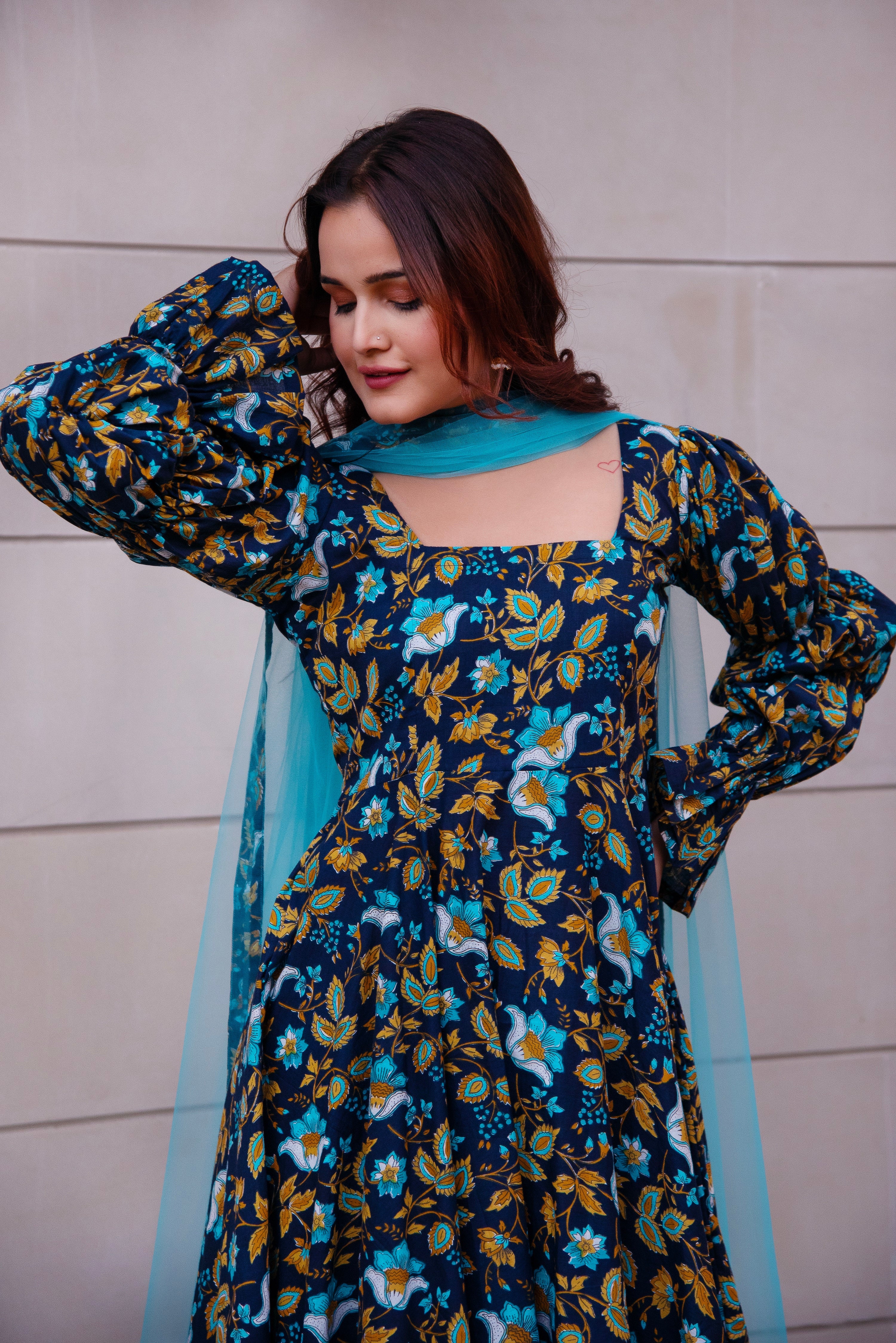 KAPAS BLUE PRINTED PUFF FULL SLEEVE ANARKALI SET