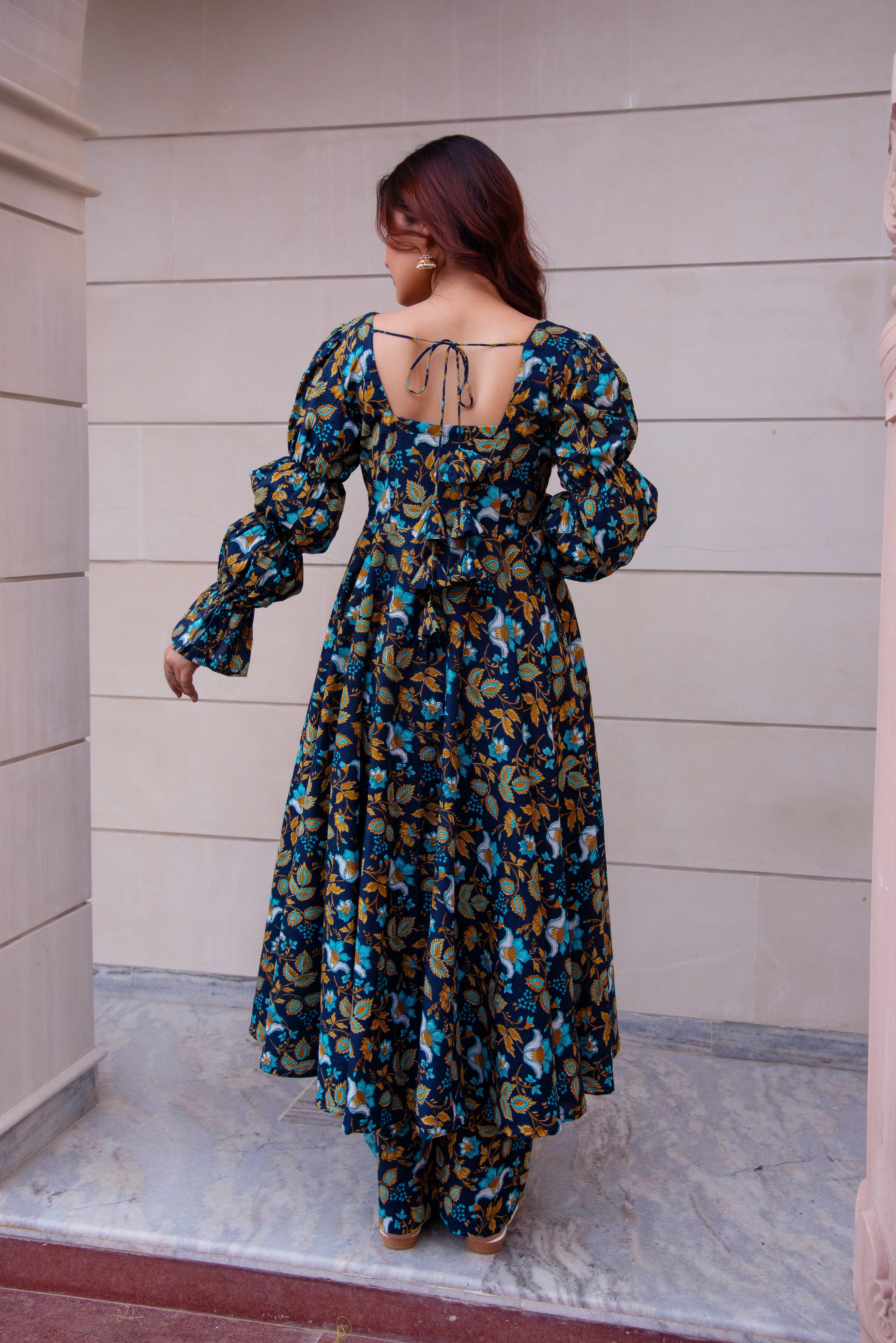 KAPAS BLUE PRINTED PUFF FULL SLEEVE ANARKALI SET