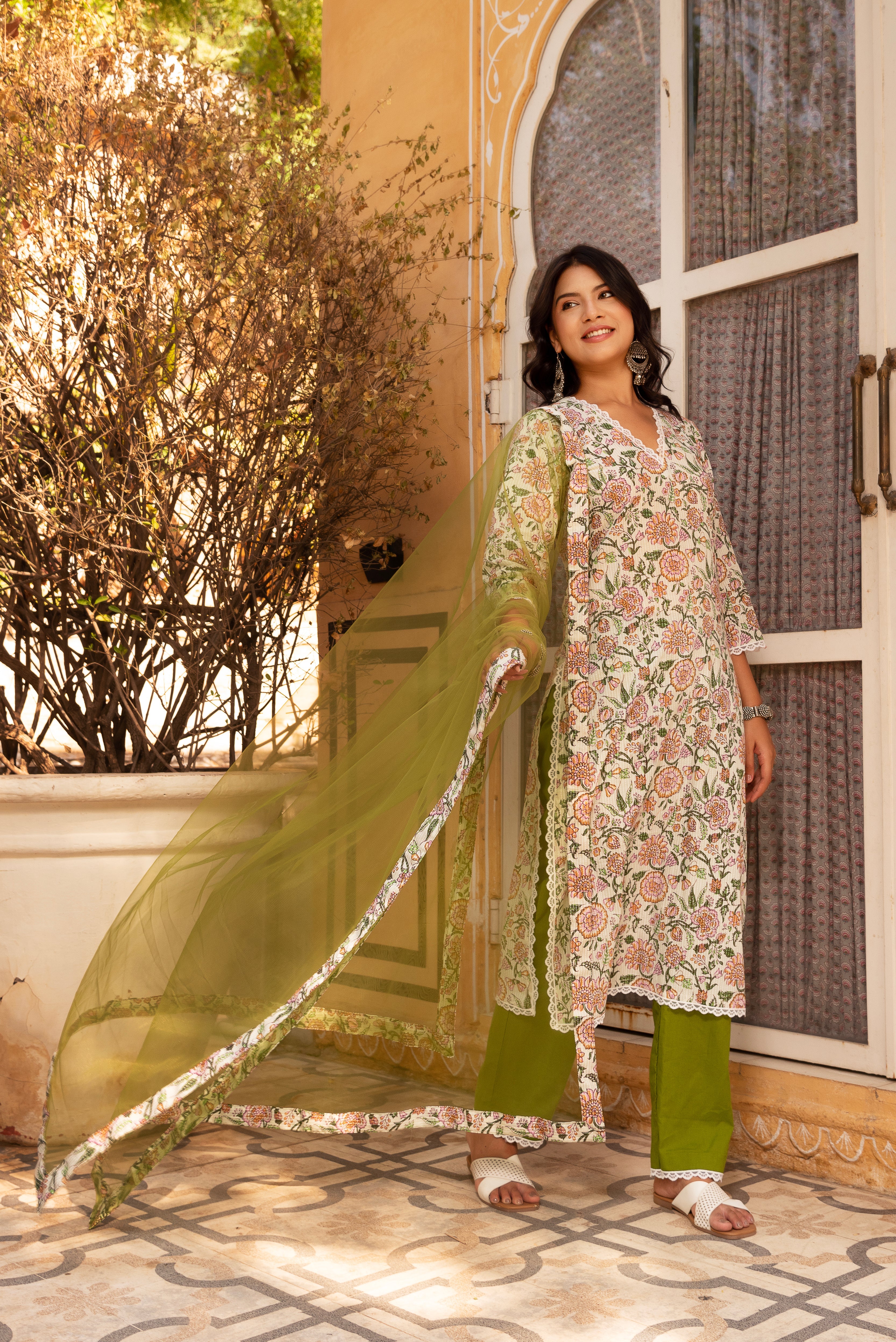 GAURANGI FLORAL PRINT COTTON GREEN SUIT SET