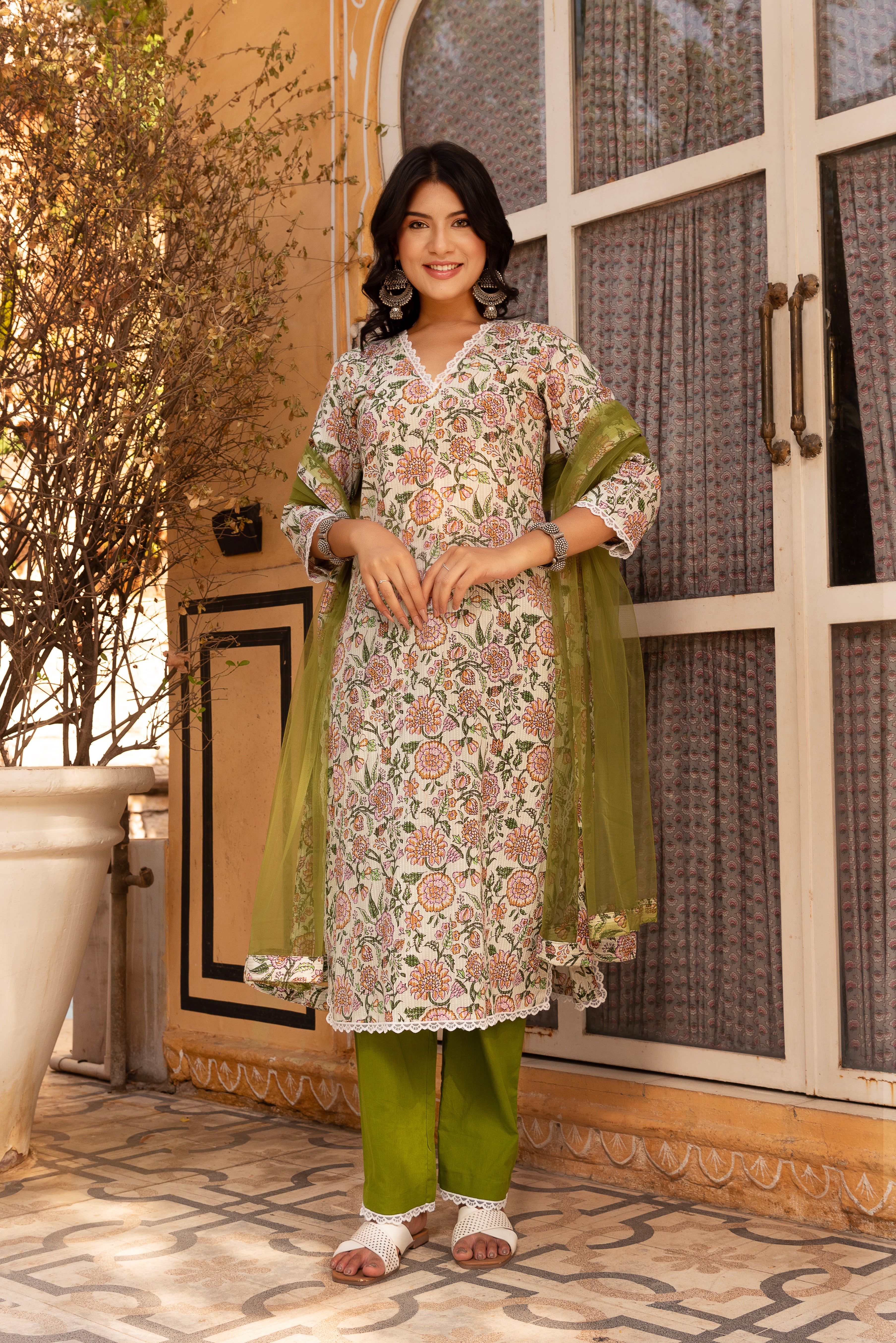 GAURANGI FLORAL PRINT COTTON GREEN SUIT SET